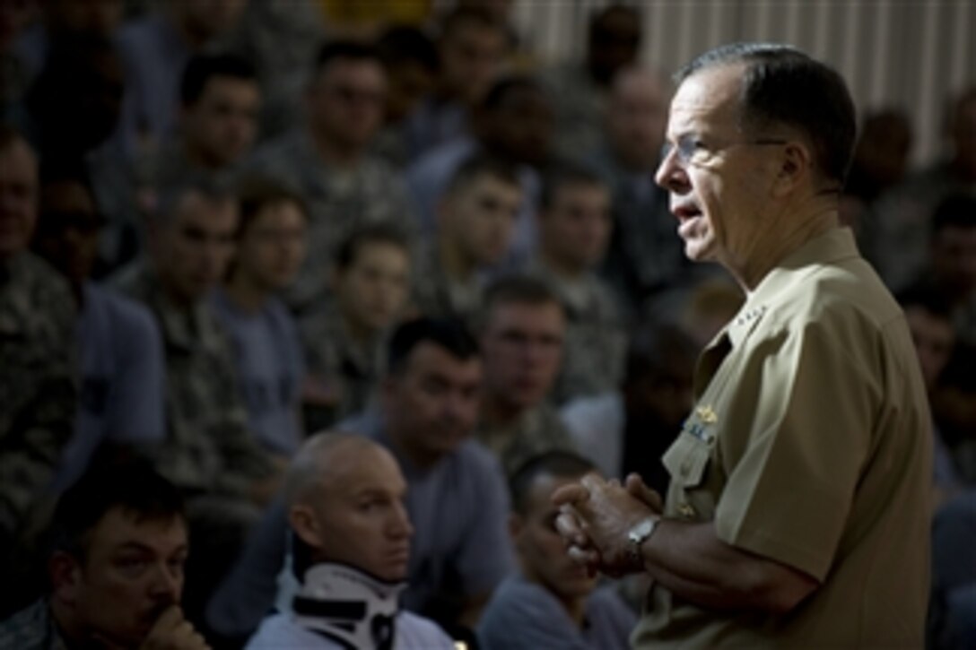 Chairman of the Joint Chiefs of Staff Adm. Mike Mullen, U.S. Navy, meets with wounded warriors at Walter Reed Army Medical Center, Washington, D.C., on June 12, 2009.  Mullen took questions from the service members during the all hands call and addressed their concerns regarding their injuries, careers and futures.  