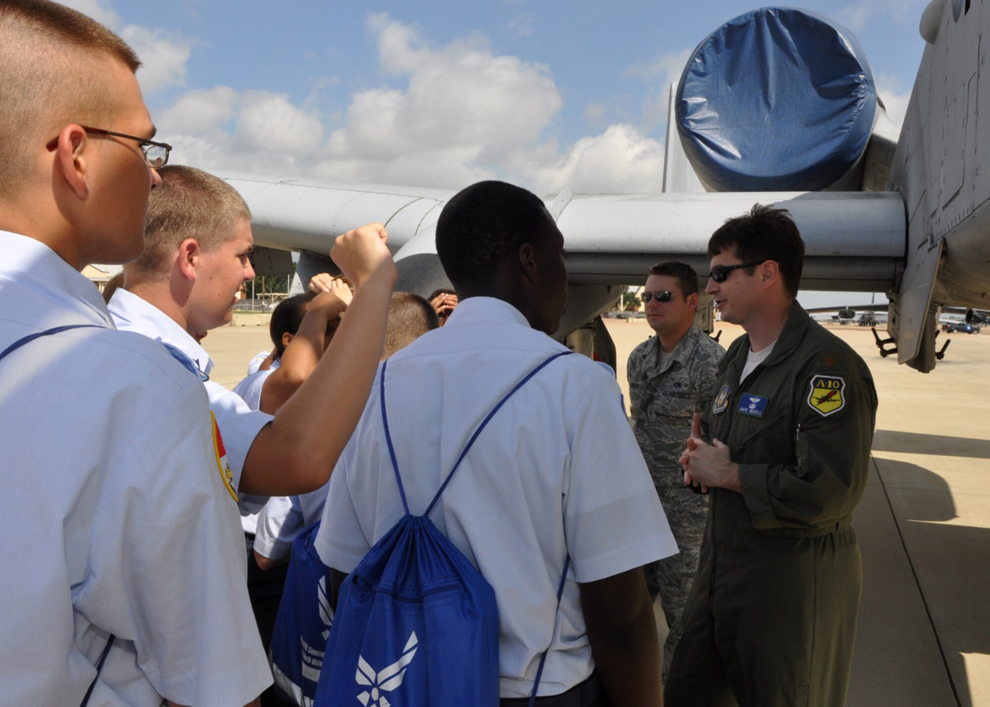 Maj. Jack Bissell, 47th Fighter Squadron, scheduler, fields questions on the capabilities of the A-10 Thunderbolt from Air Force Junior Reserve Officers’ Training Corps at Barksdale Air Force base, La., June 18, 2009. The cadets are involved in an eight-day “Summer Leadership School” involving more than 300 JROTC cadets and senior officers. The basic school is designed to encourage each individual cadet’s leadership skills. Each cadet is chosen by unit officials after passing certain criteria. Cadets must also maintain a “C” average in school. Participants, who range from sophomore to seniors, come from high school JROTC units in Louisiana, Mississippi, Tennessee, Kansas, Oklahoma and Texas. (U.S. Air Force photo/Tech. Sgt. Jeff Walston) 