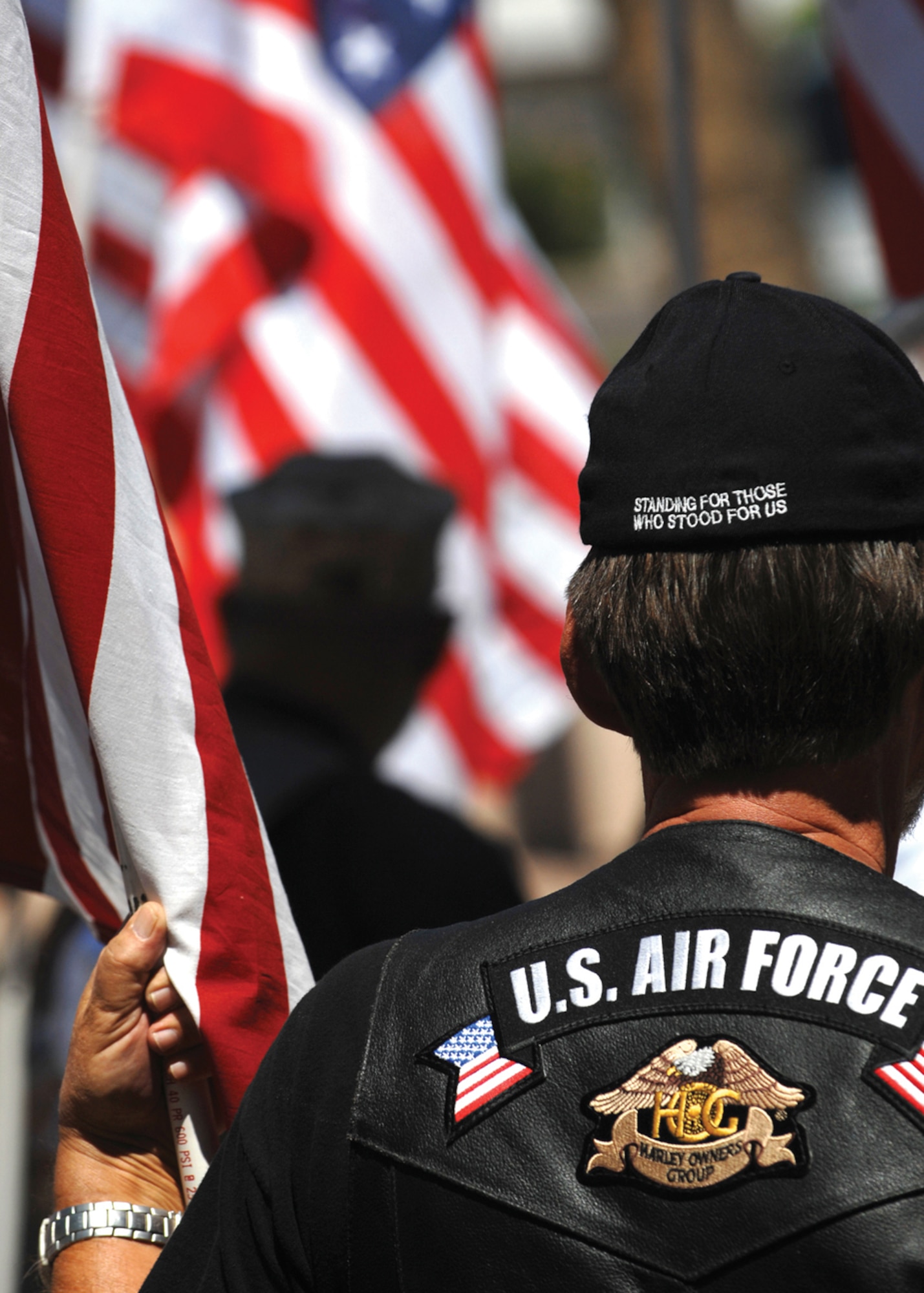 Dozens of veterans presented the colors outside of the Melcher Mortuaries Mission Chapel and Crematory during Colonel Bomar’s memorial. (U.S. Air Force photo/ Tech. Sgt. Jeffrey Wolfe)