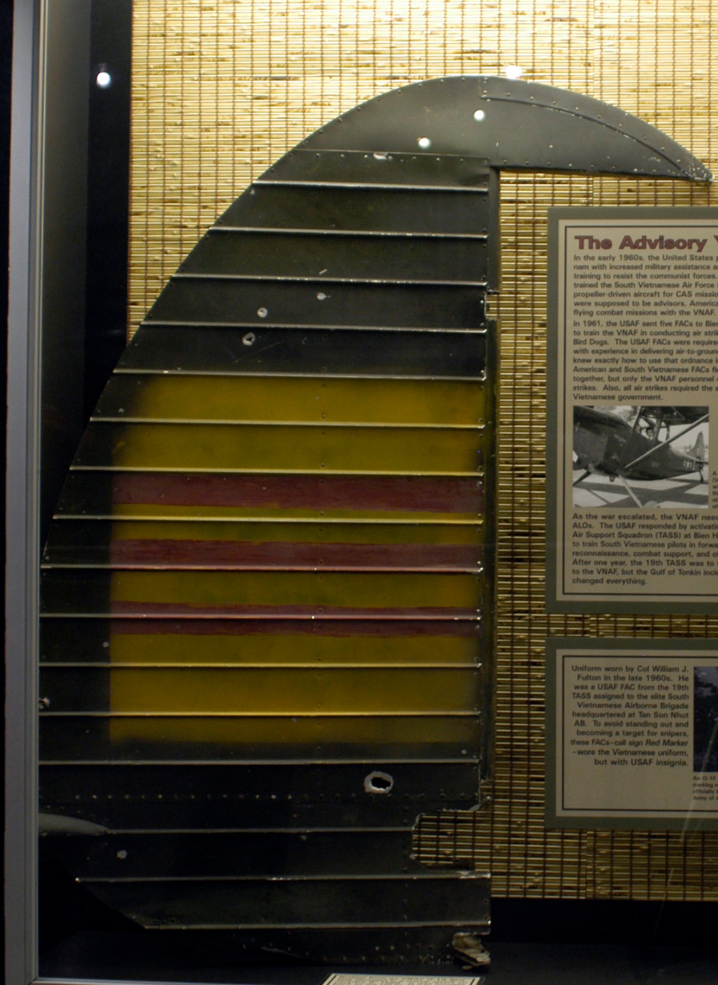 DAYTON, Ohio - Rudder from an VNAF O-1A Bird Dog damaged in a mortar attack on Jan. 9, 1968. This item is on display in the A Dangerous Business: Forward Air Control exhibit in the Southeast Asia War Gallery at the National Museum of the U.S. Air Force. (U.S. Air Force photo)
 
