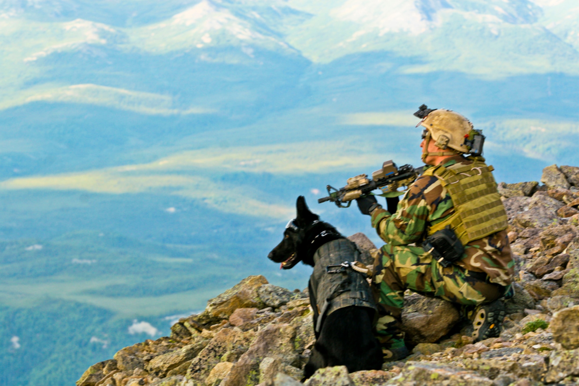 A SEAL perches next to his military working dog during training in the Joint Pacific Alaska Range Complex FORT WAINWRIGHT, Alaska -- Operators from a west-coast based Navy SEAL team participated in infiltration and exfiltration training as part of Northern Edge 2009 June 15, 2009. Army Task Force 49, 1-52 Aviation Regiment, B company, transported the SEALS in CH-47D "Chinook" helicopters, performing two-wheel landings atop mountainous terrain in the Joint Pacific Alaska Range Complex. Exercise Northern Edge is a trainning exercise designed to promote and improve interoperability.
(U.S. Marine Corps Photo/Lance Cpl. Ryan Rholes)