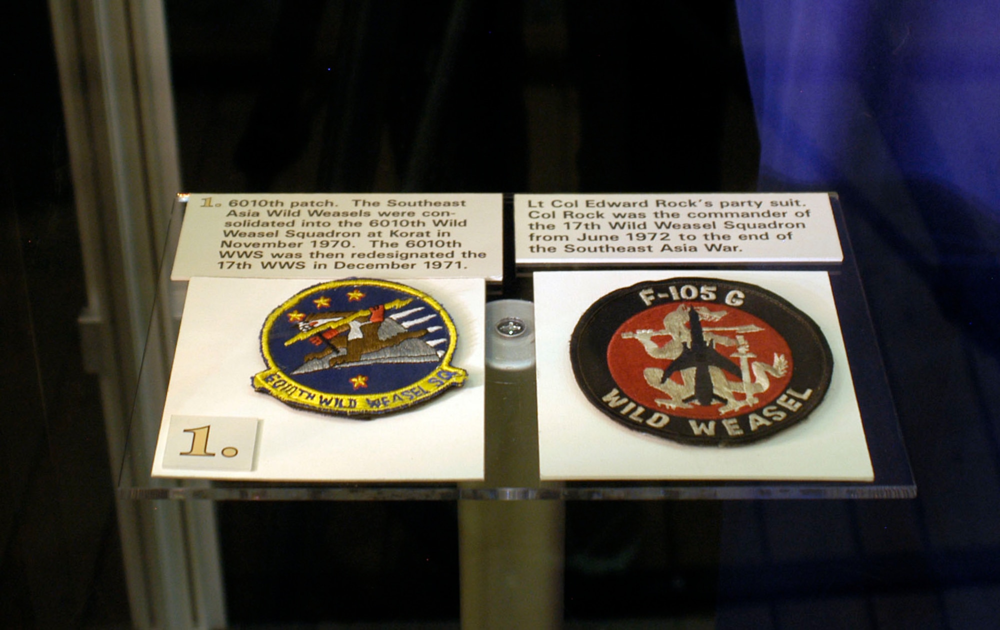 DAYTON, Ohio - The Southeast Asia Wild Weasels were consolidated into the 6010th Wild Weasel Squadron at Korat in November 1970. The 6010th WWS was then redesignated the 17th WWS in December 1971. This is the 6010th patch and F-105G patch. (U.S. Air Force photo)