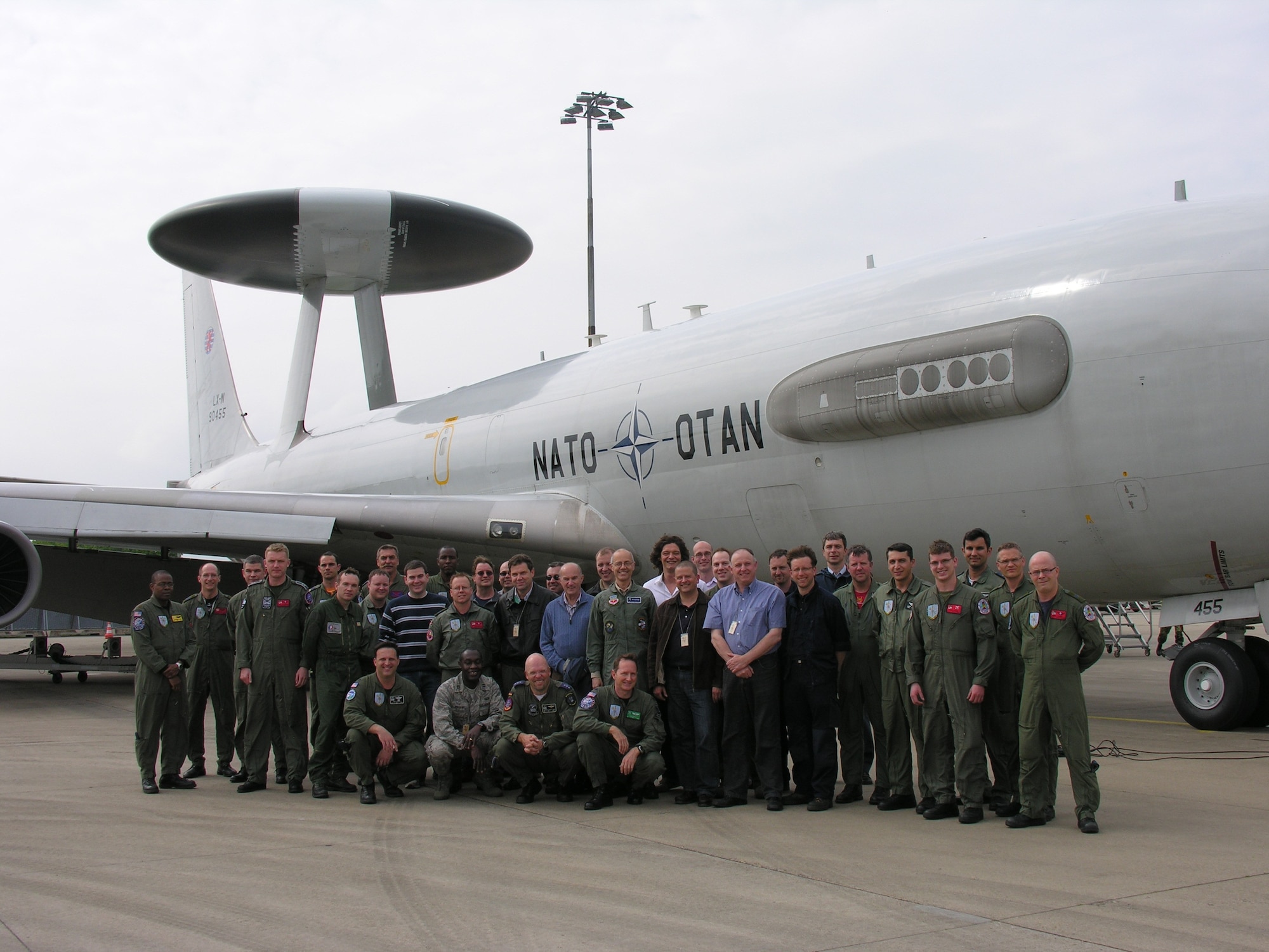 Members of a special E-3 Airborne Warning and Control System testing team pose for a group photo after a flight trial held in Germany last month. The ground and flight tests on a NATO AWACS made strides in proving that the waveforms cause no interference to military and civilian air traffic control. Participants included representation from ESC's 635th Electronic Systems Squadron, Belgium, the European Union, France, Germany, Italy, NATO, the Netherlands, United Kingdom and United States. (Courtesy photo)
