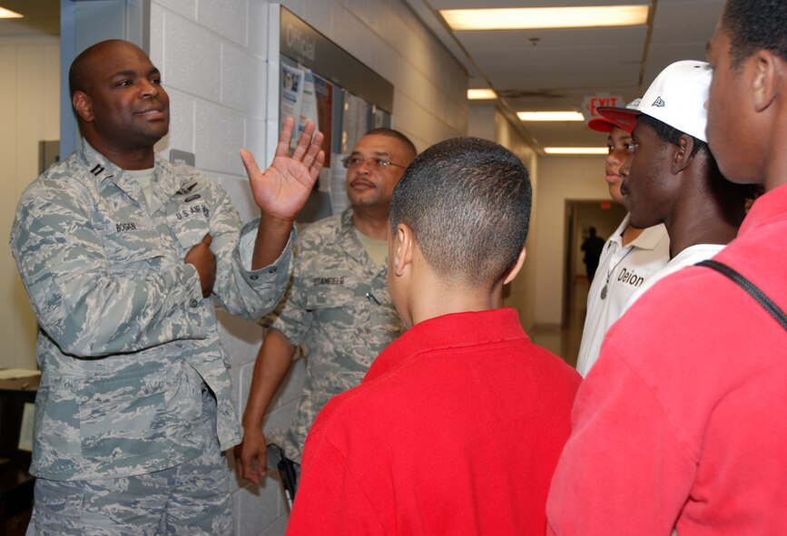 Capt. Darrell Bogan, 94th Equal Opportunity Office. talks about his role as an equal opportunity officer to students with the Atlanta Chapter Tuskegee Airman summer camp June 17. More than 20 children toured Dobbins ARB to learn about careers within the Air Force Reserves. (U.S. Air Force photo/Erin Tindell)