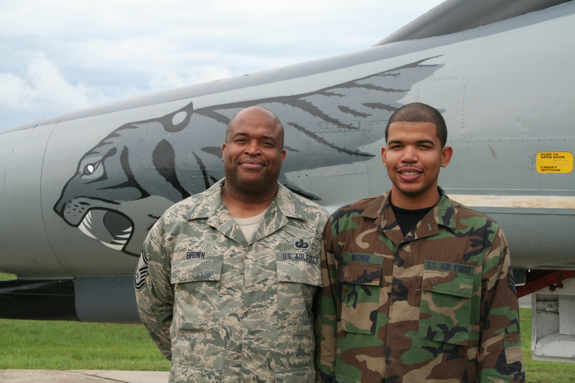 Senior Master Sgt. David A. Brown, 47, and Senior Airman David I. Brown, 20, are both members of the 108th Air Refueling Wing, part of the New Jersey Air National Guard, here at Joint Base McGuire-Dix-Lakehurst. The father, Sergeant Brown, is a contracting officer who has been in the military for 29 years, while his son has two years in the National Guard and serves as a materiel management supply specialist. (Courtesy photo)