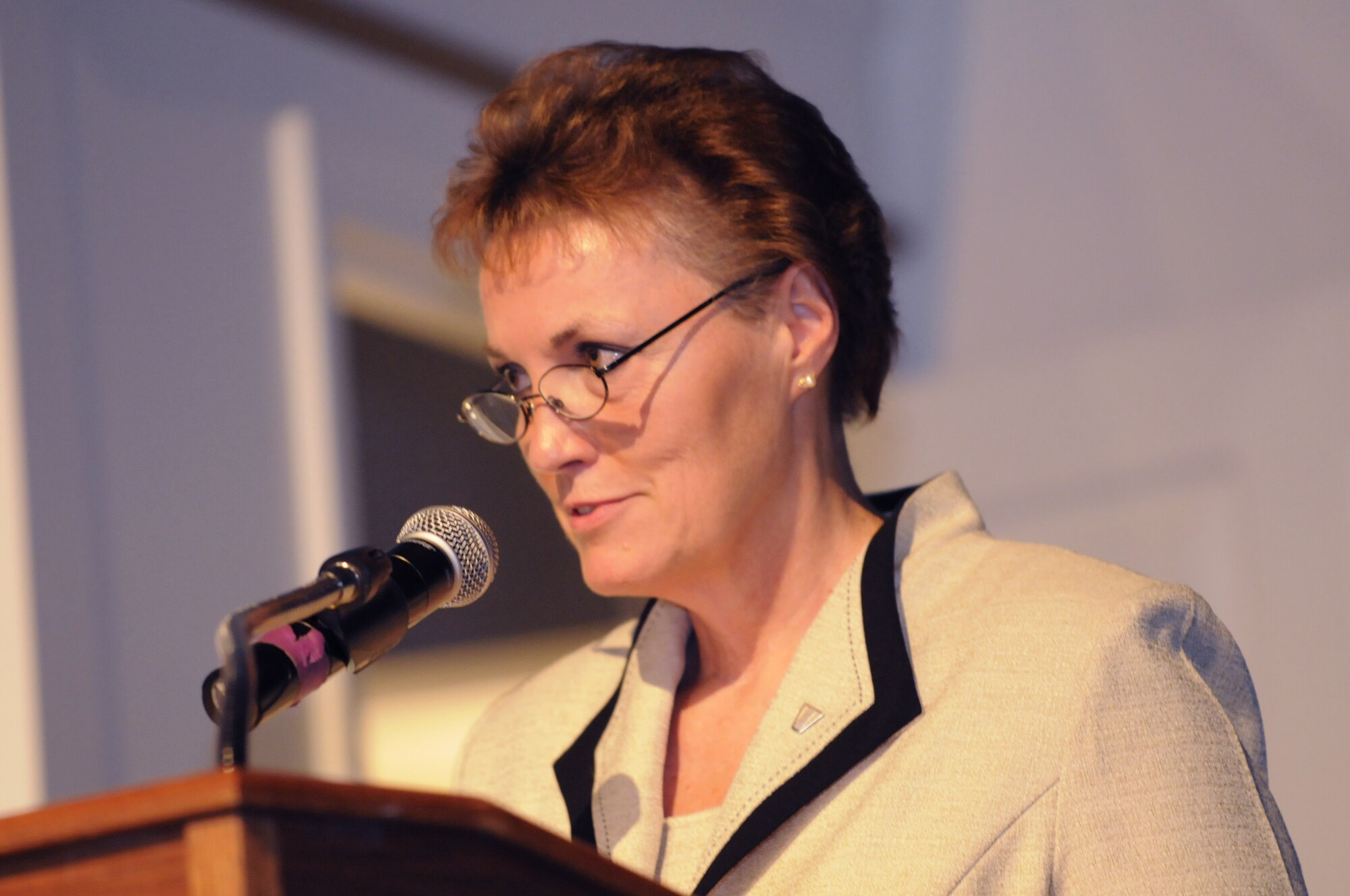 Brenda Romine speaks after assuming the position of executive director of Warner Robins Air Logistics Center in August 2008. She will officially retire July 3. U. S. Air Force photo by Sue Sapp