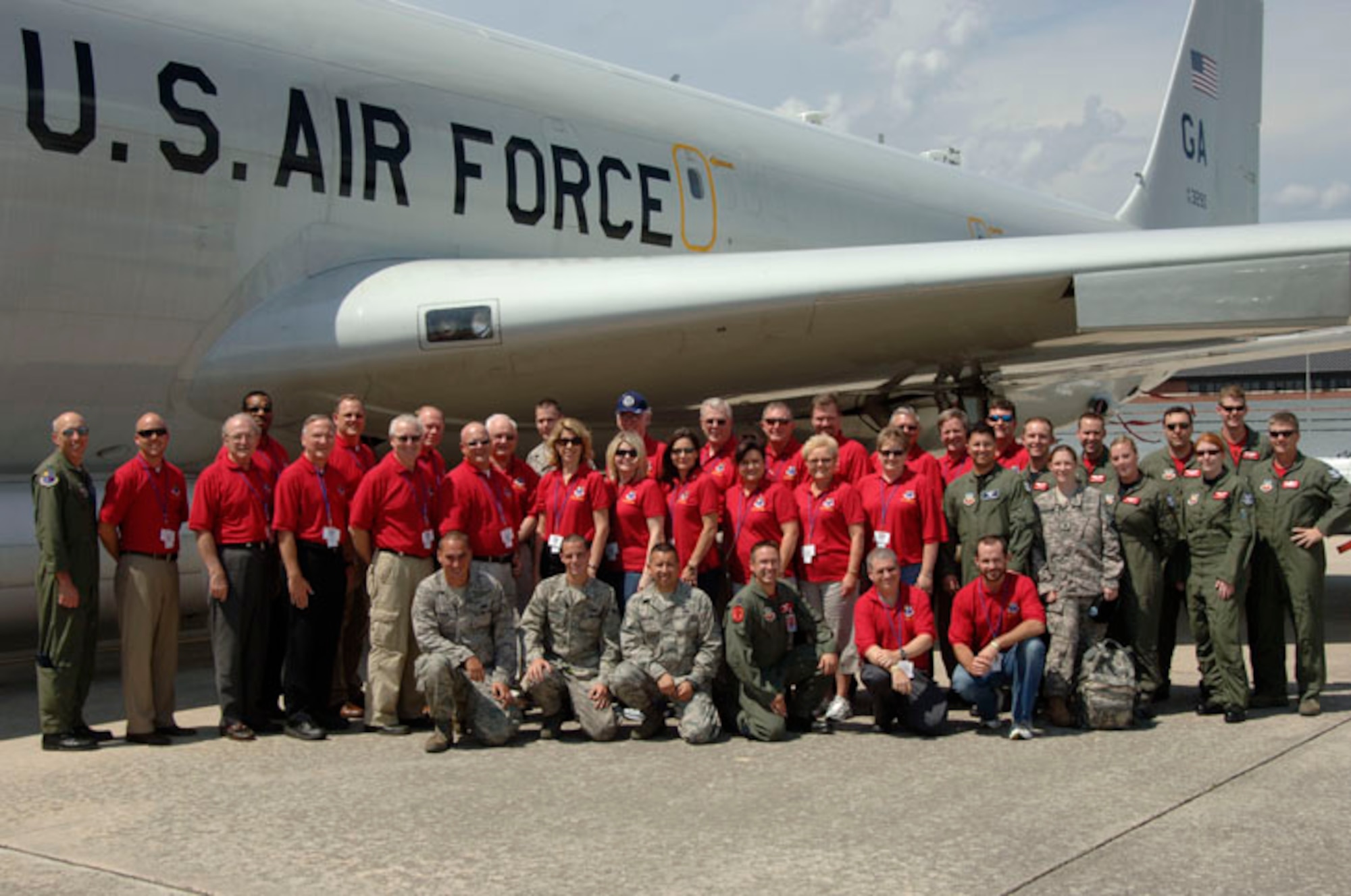 Twenty-five civic leaders from the communities surrounding Arnold Air Force Base (AFB) toured Robins AFB, Ga., June 12 as a part of a Community Relations Tour, hosted by Arnold Engineering Development Center (AEDC) Commander Col. Art Huber. One of the stops at Robins AFB was a tour of an E-8C aircraft, also known as the Joint Surveillance Target Attack Radar System or JSTARS. The flight crew of the E-8C showed the leaders the cockpit, crew stations and surveillance equipment of the extensively remanufactured and modified Boeing 707-300 series commercial airframe. (Photo provided)
