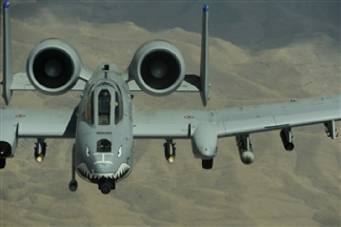 A U.S. Air Force A-10 Thunderbolt aircraft from Bagram Air Base flies a combat mission over Afghanistan on June 14, 2009.  