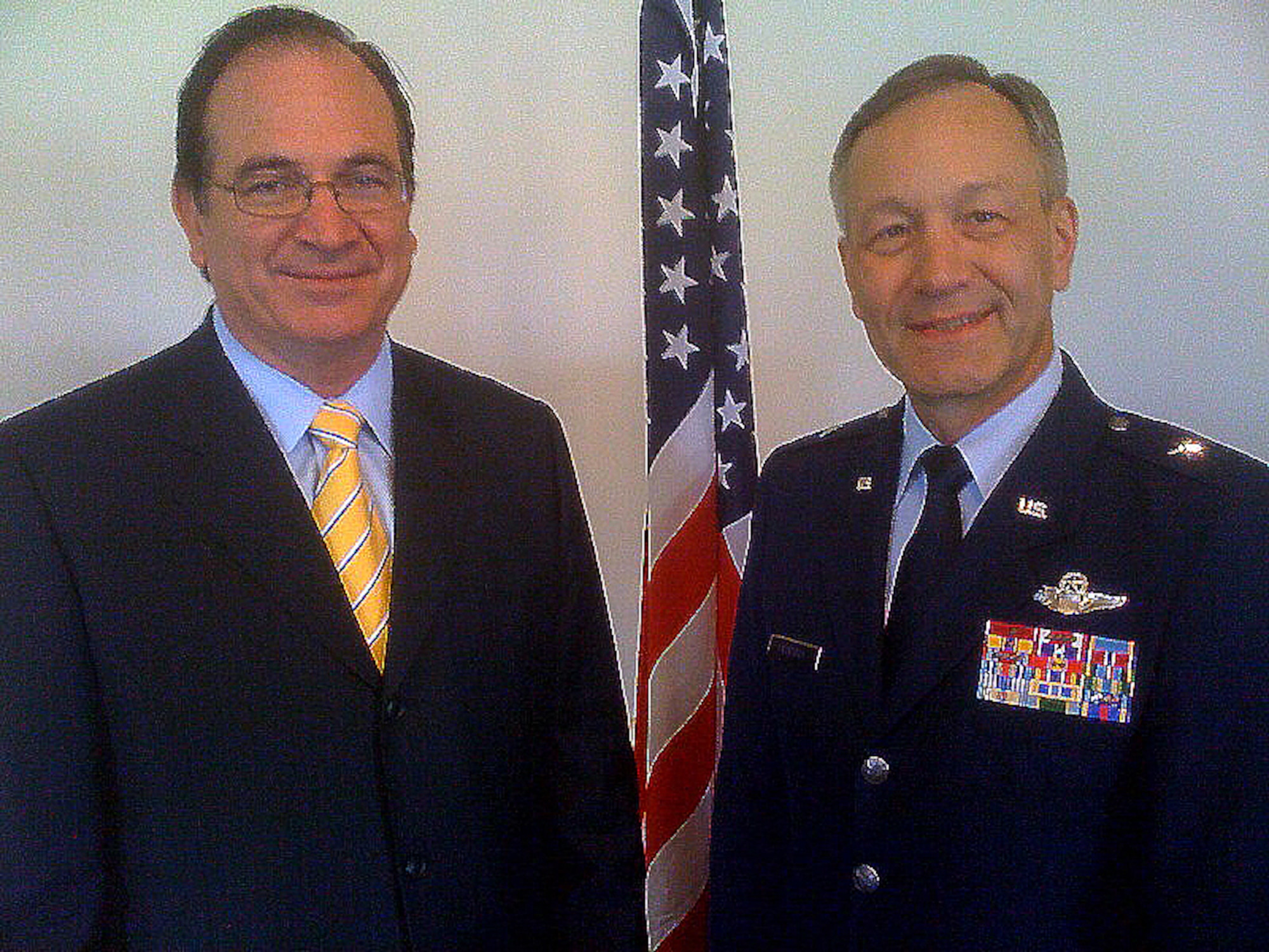 Brig. Gen. Eric Crabtree, Commander, Fourth Air Force, poses with State Senator Bob Huff (29th District, Calif.),   following a community leader's briefing, hosted by the Metropolitan Water District of Southern California, at the Diamond Bar Golf Course. Senator Huff provided the Sacramento report on the state of water affairs for the region, as California seeks solutions to recover from a current record-setting drought. The MWDSC provides water to March Air Reserve Base, Calif.  (U.S. Air Force photo/Maj. Andra P. Higgs)


