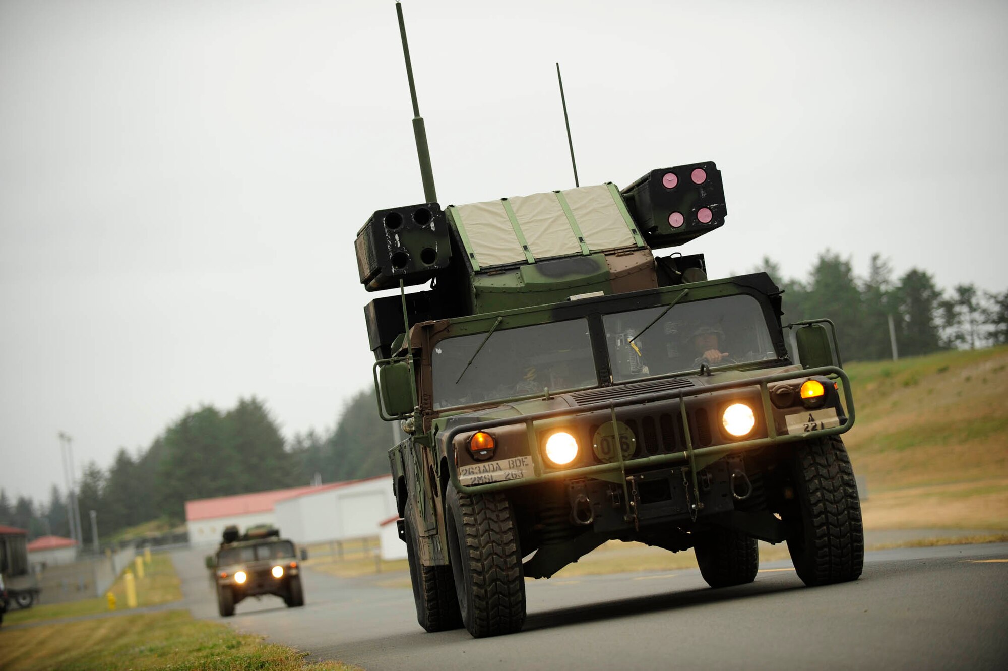 An Avenger Air Defense System from 263rd Army Air Missile Defense Command deploys to a remote location during Amalgam Dart 2009 at Camp Rilea, Oregon, June 15. Amalgam Dart is a field test of the Department of Defense's ability to rapidly deploy a total air integrated defense system in the U.S. in order to deter, detect and defeat airborne threats. (U.S. Air Force photo by Staff Sgt. Jacob N. Bailey)