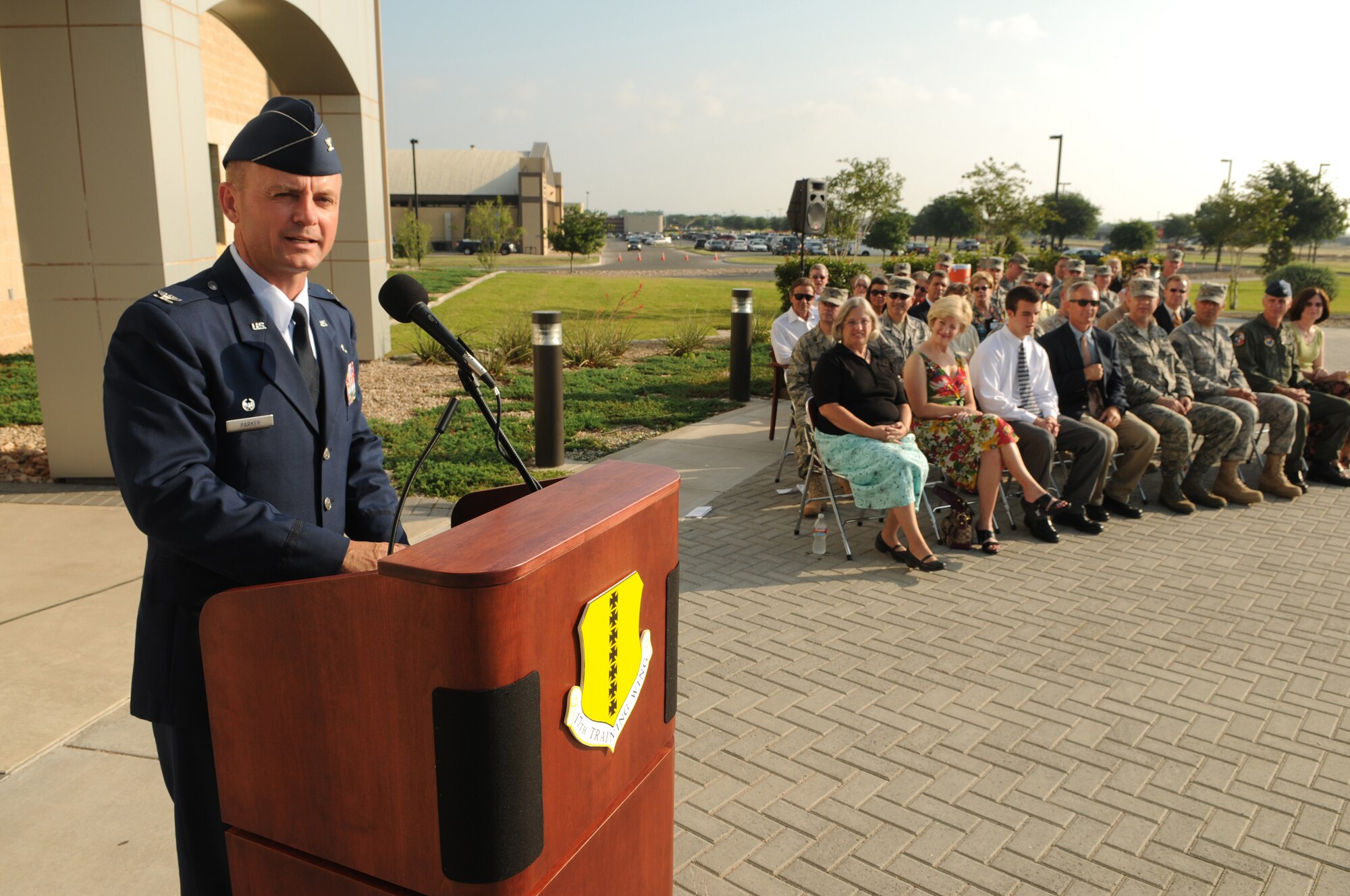 Col. Guy Parker, 17th Mission Support Group commander, accepted command from Col. Ada Conlan June 12. Col. Richard Ayres, 17th Training Wing commander, presided over the change-of-command ceremony. (U.S. Air Force photo by Tech. Sgt. John Barton)