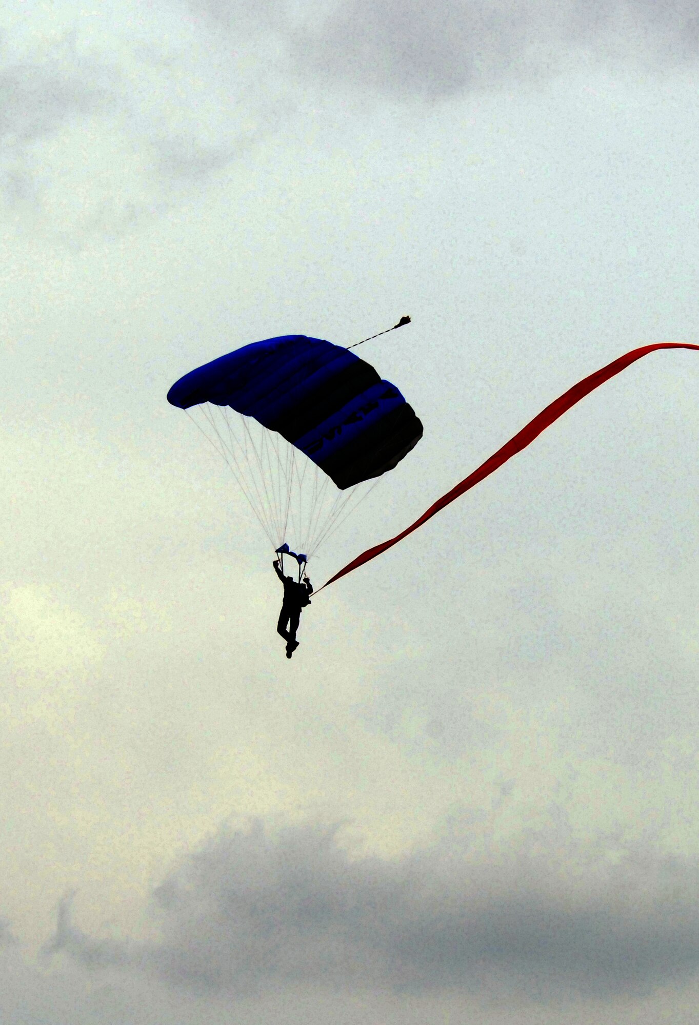 A U.S. Air Force Academy Wings of Blue Parachutist Team member glides down toward a grassy landing zone at Dover Air Force Base during their Open House and Air Show June 19. The Academy team compliments the U.S. Air Force Thunderbirds and other acts at the base’s Open House and Air Show. (U.S. Air Force photo/Tech. Sgt. Kevin Wallace)
