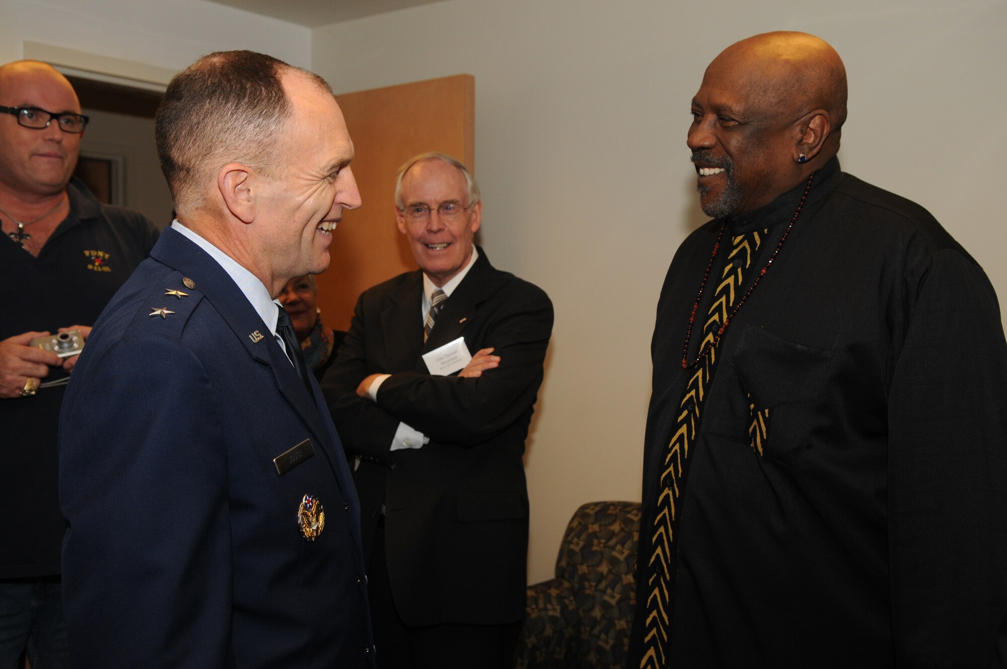 Maj. Gen. Ralph J. Jodice (left), Air Force District of Washington commander, speaks with the guest master of ceremony Louis Gossett Jr. before the United States Air Force Band concert June 17 at the Music Center at Strathmore in North Bethesda, Md. For the third consecutive year, the Band has partnered with Maryland Public Television to create a musical tribute to America's veterans. (U.S. Air Force photo by Senior Airman Marleah Miller)