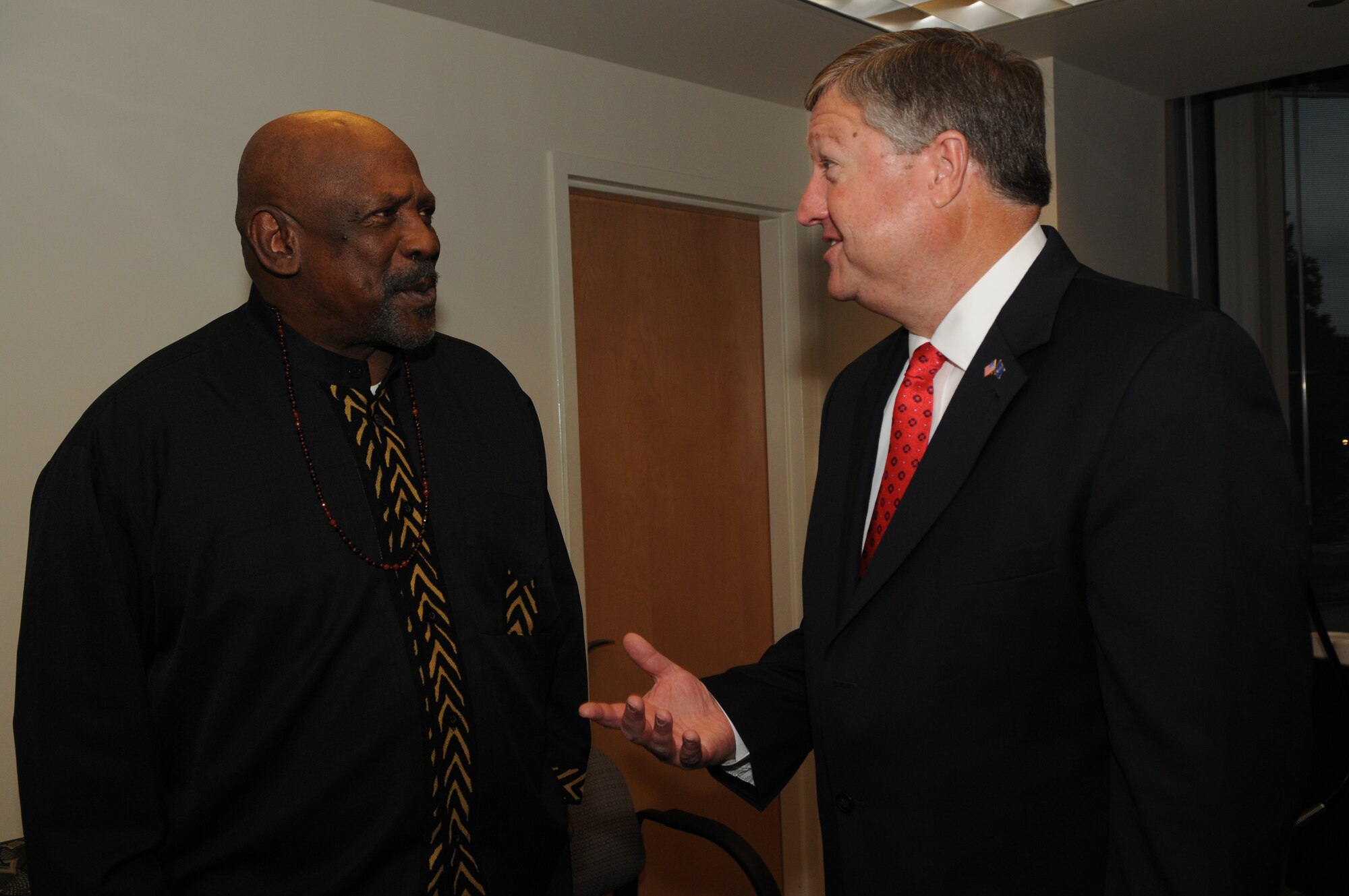 Secretary of the Air Force Michael B. Donley (right) speaks with the guest master of ceremony Louis Gossett Jr. before the United States Air Force Band concert June 17 at the Music Center at Strathmore in North Bethesda, Md. For the third consecutive year, the Band has partnered with Maryland Public Television to create a musical tribute to America's veterans. (U.S. Air Force photo by Senior Airman Marleah Miller)