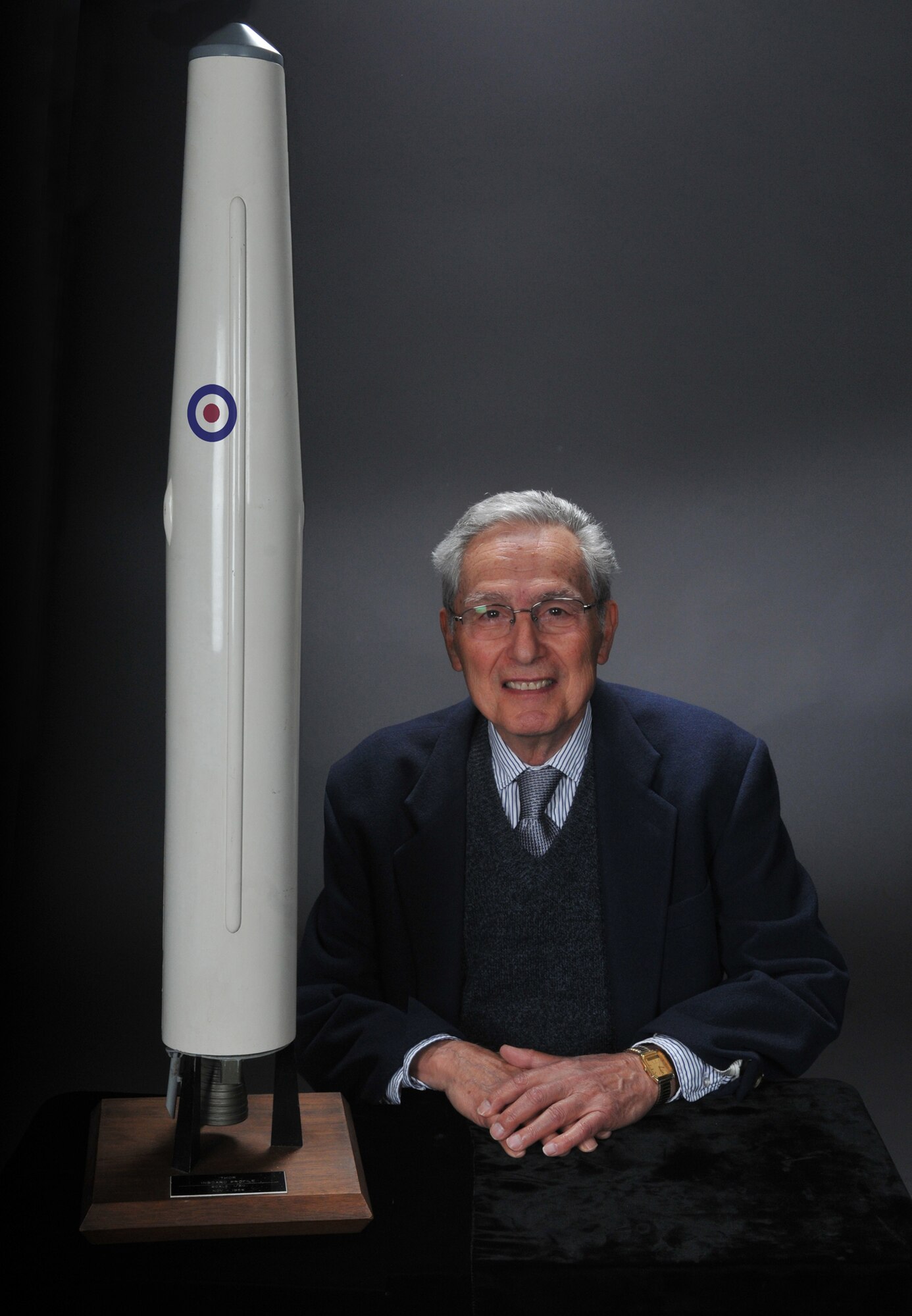 Dr. Peter Portanova, one of the engineers most critical to the deployment of the Thor in England, is pictured with a Thor model. (Photo by Atiba S. Copeland)