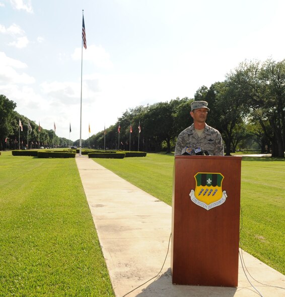 BARKSDALE AIR FORCE BASE, La. -- Colonel Gerald Hounchell announces that Barksdale has been chosen as the permanent location of Air Force Global Strike Command headquarters during a press conference June 18, 2009. (U.S. Air Force photo by Senior Airman Alexandra Boutte)