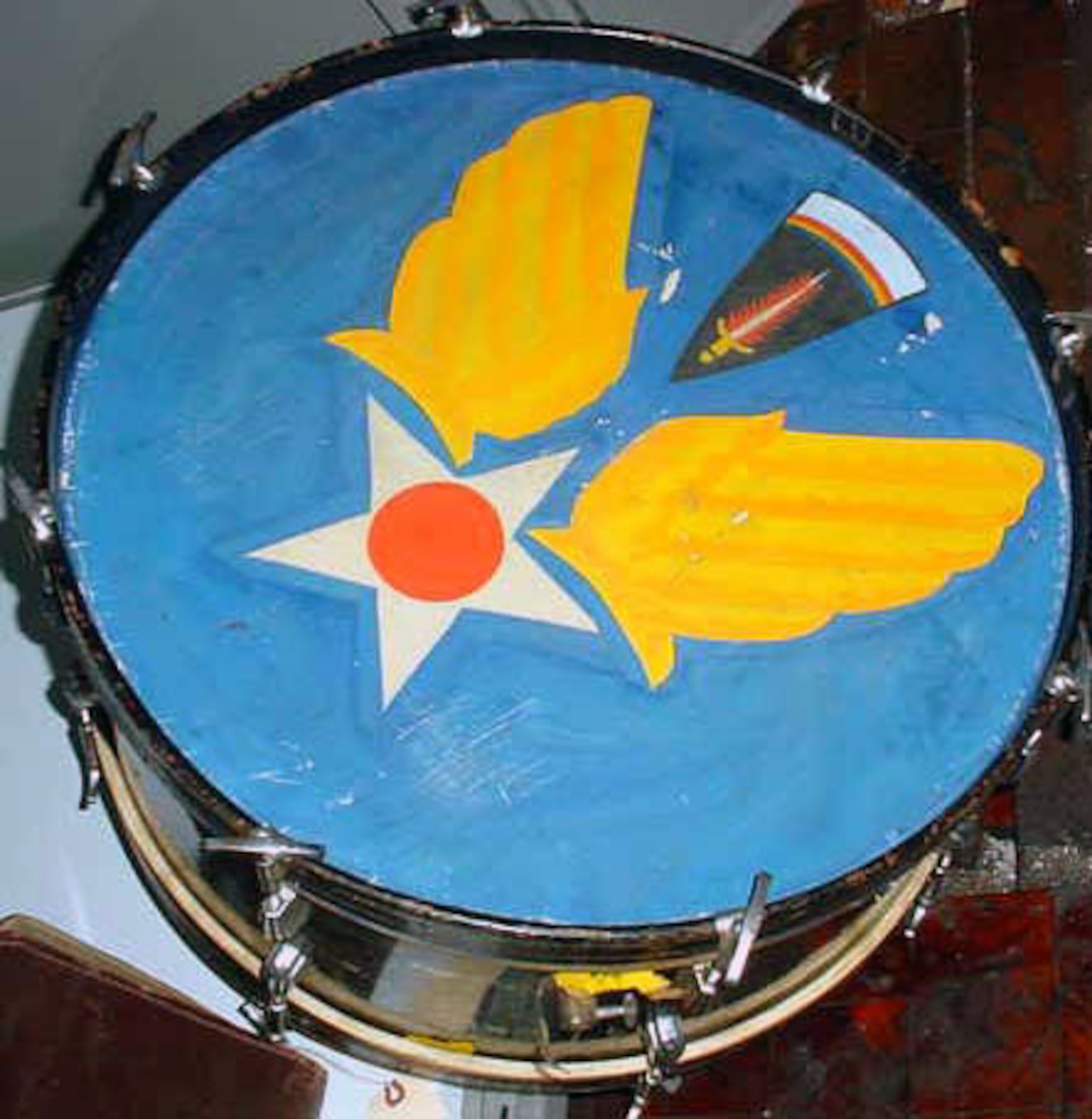 This drum, painted with the Army Air Force's insignia, belonged to the donor's husband, Sgt. Ray McKinley, who was a member of Maj. Glenn Miller's Army Air Force Band during World War II. (U.S. Air Force photo)