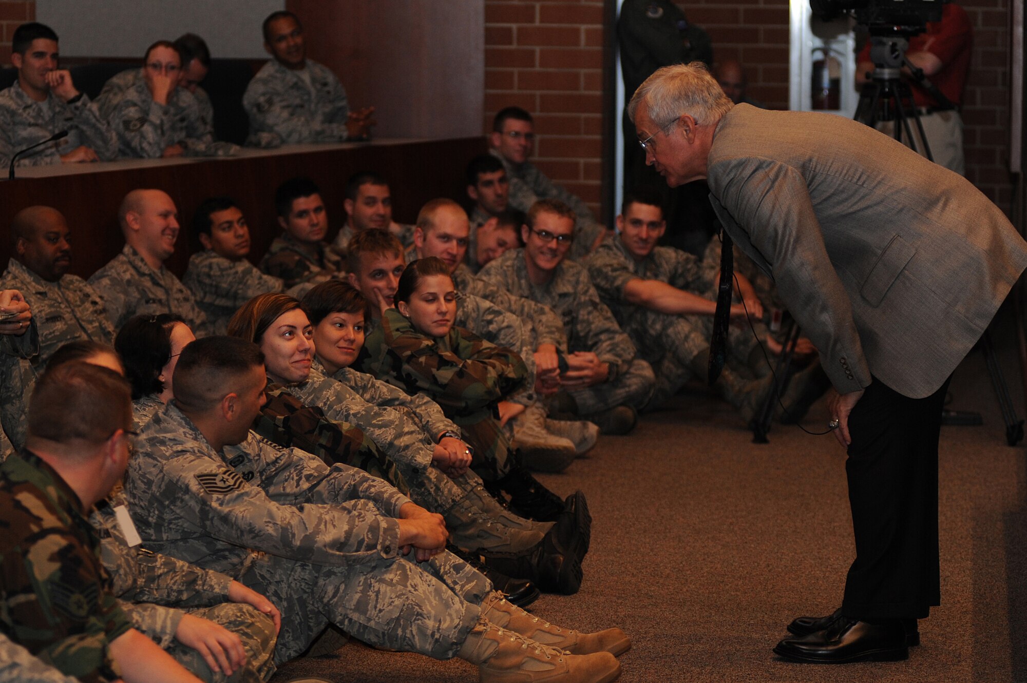 Lieutenant General (Retired) Chris Kelly spoke about leadership, trust and integrity to a packed crowd of more than 275 people in the U.S. Air Force Expeditionary Center's Grace Peterson hall, June 19.  Gen. Kelly was the third in a series of professional development speakers to address the center, students and staff as part of the on-going 15th Anniversary celebration. (U.S. Air Force Photo/Staff Sgt. Nathan G. Bevier) 