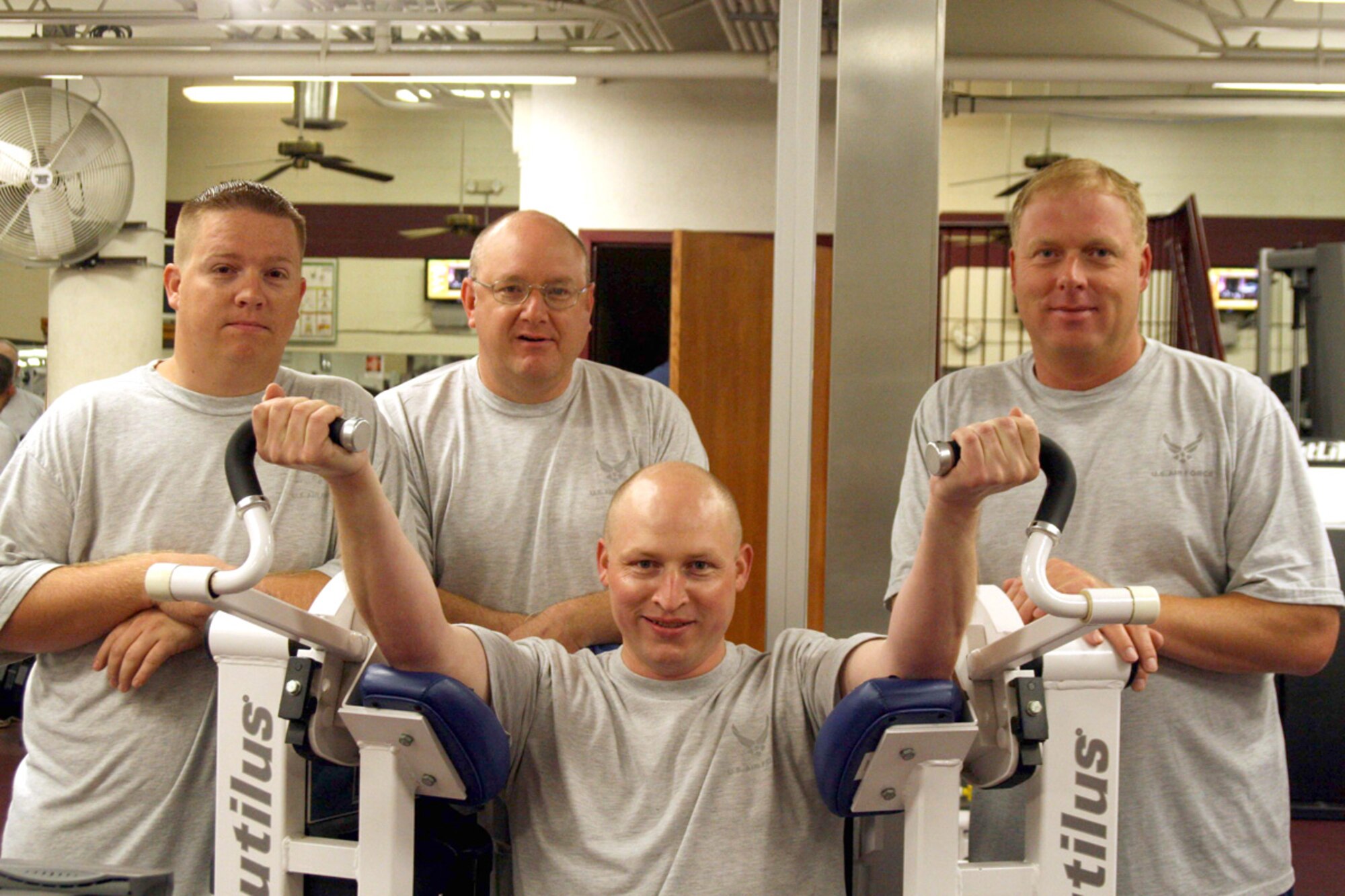 ‘Beef’ stays hot in Tinker Lean Challenge 
For the third week in a row, the Tinker Lean Challenge team winner is Prime Beef. Above, team members Senior Airman Christopher Coffman, Master Sgt. Larry Shenold, Staff Sgt. Jerry Harding and Tech. Sgt. Richard Klinski  workout at the Gerrity Fitness Center. Not pictured are Staff Sgt. Jeremy Heinz and Master Sgt. Thomas Klutz. The team combined to lose 15 pounds, shed 2.15 body mass index and earn 24,000 Fitlinxx points for a total of 24,017.15 points. (Air Force photos by Becky Pillifant)
