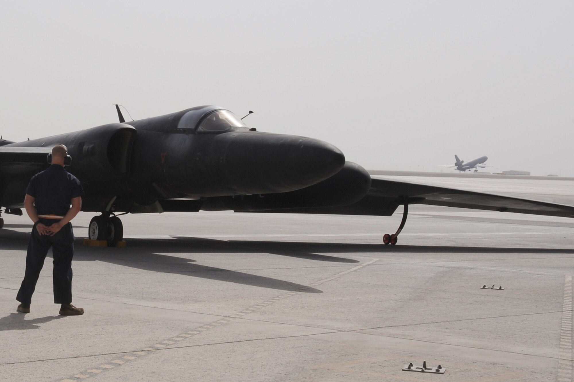 SOUTHWEST ASIA -- Capt. Joshua Tull, a member of the 99th Expeditionary Reconnaissance Squadron, brings his U-2 Dragonlady to a stop, June 16 at an undisclosed location in Southwest Asia. Captain Tull passed 1,000 hours of flying in a U-2 in just 3 years and 11 days. (U.S. Air Force photo by Senior Airman Brian J. Ellis) (Released)