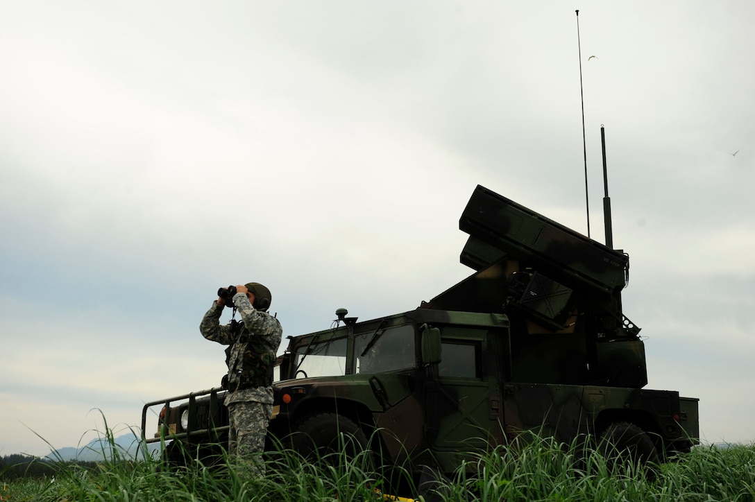 An Avenger missile defense system from the 263rd Army Air Missile Defense Command scans the horizon for threats during Amalgam Dart 2009 near Camp Rilea, Oregon, June 15. Amalgam Dart is a field test of the Department of Defense's ability to rapidly deploy a total air integrated defense system in the U.S. in order to deter, detect and defeat airborne threats. (U.S. Air Force photo by Staff Sgt. Jacob N. Bailey)
