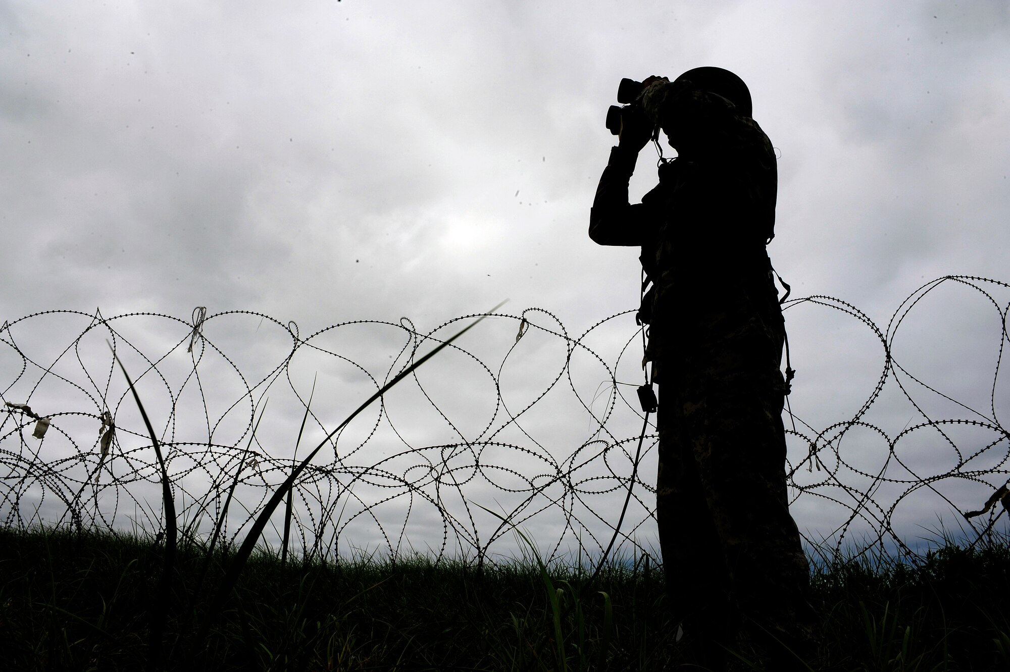 U.S. Army Sgt. Eddie Wilkins, Avenger Battery Non-Commissioned Officer in Charge, 263rd Anti-Air Missile Defense Command, South Carolina National Guard, visually searches for a opposing forces aircraft during Exercise Amalgam Dart, Camp Rilea, Oregon, June 15, 2009.  (U.S. Air Force photo by Technical Sgt. Sean M. Worrell) 
