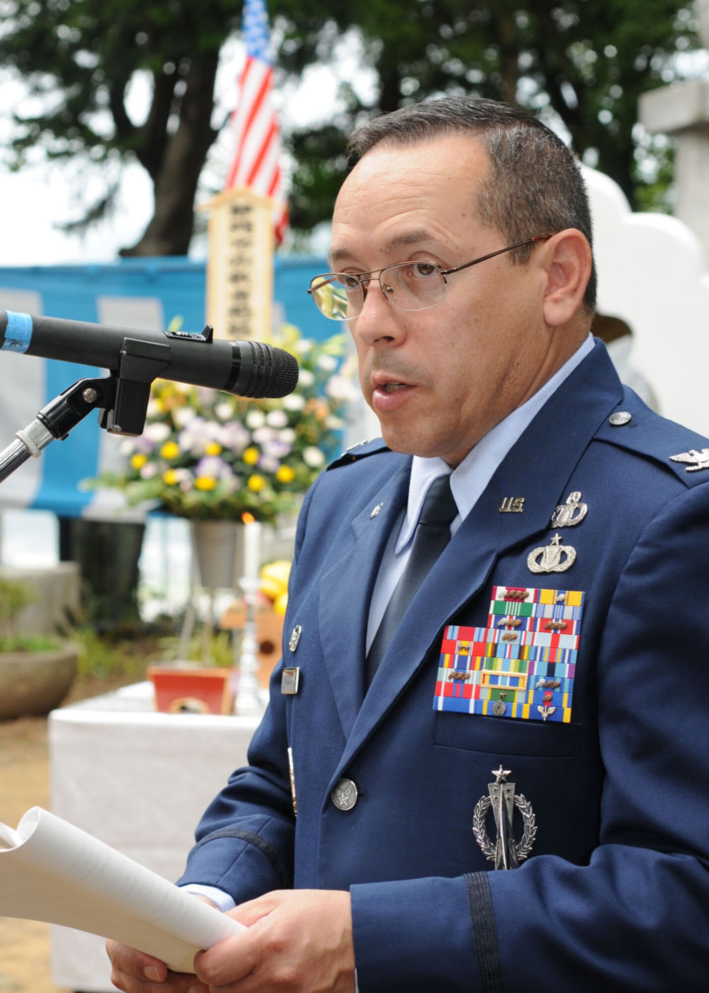 YOKOTA AIR BASE, Japan -- Colonel Rafael Quezada, 374th Mission Support Group commander, delivers a speech June 20, in remembrance of those who perished in the B-29 crash over Shizuoka, Japan June 20, 1945. Since 1972, Yokota Airmen have participated in the US-Japan joint memorial service for the victims of the crash. (U.S. Air Force photo/ Staff Sgt. Veronica Pierce)