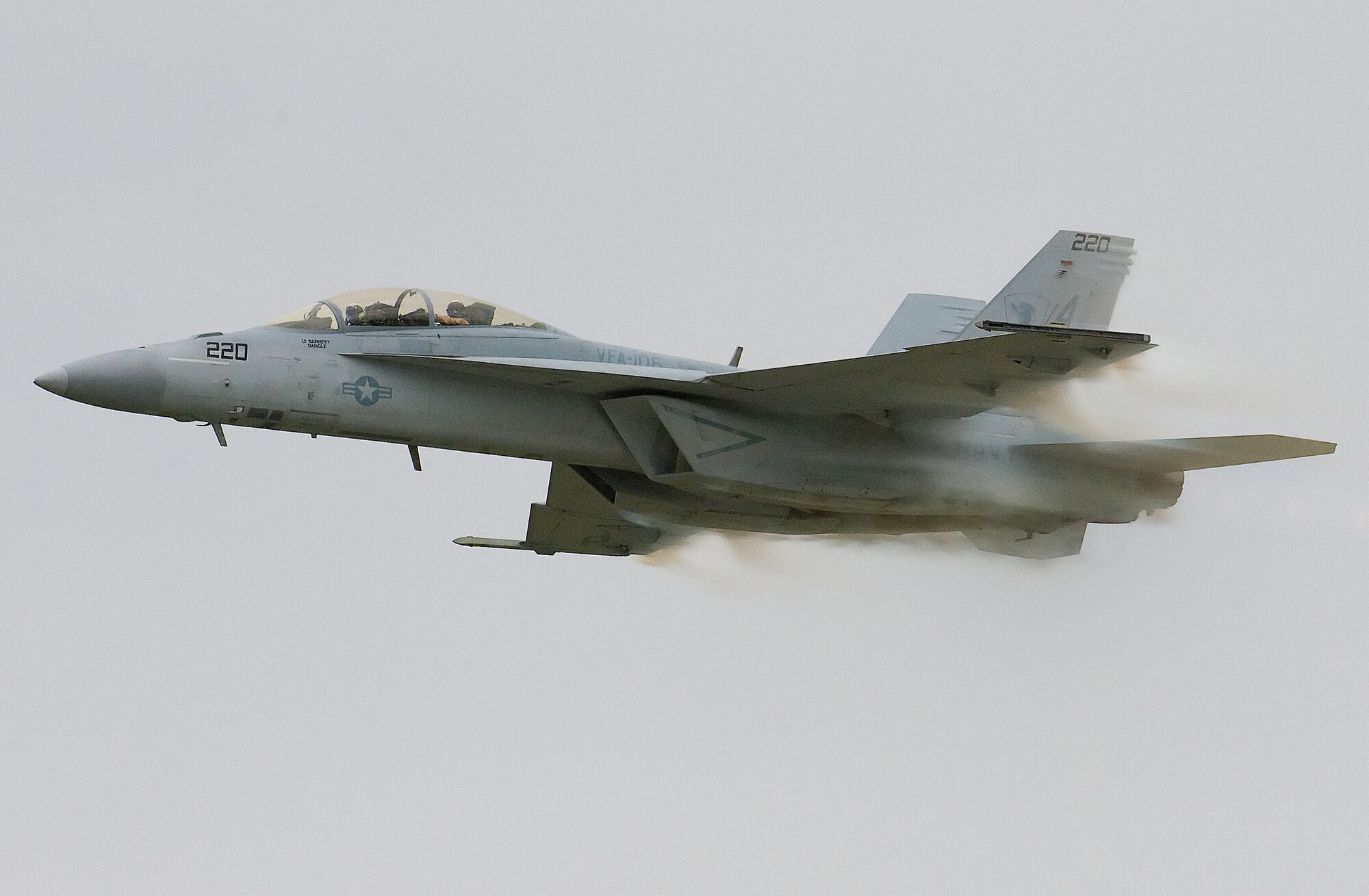 The Navy F/A-18 Super Hornet flies at near-supersonic speeds during the Dover Air Force Base Open House and Air Show June 21. The Super Hornet was one of 14 aerial demonstrations at the 2009 Air Show. (U.S. Air Force photo/Tom Randle)