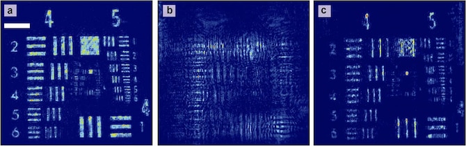 Image of a resolution chart through a nonlinear material (a) Original image. (b) Distorted image after passing through nonlinear crystal. (c) Numerically-reconstructed image. (Image courtesy of Christopher Barsi and Princeton University.) 