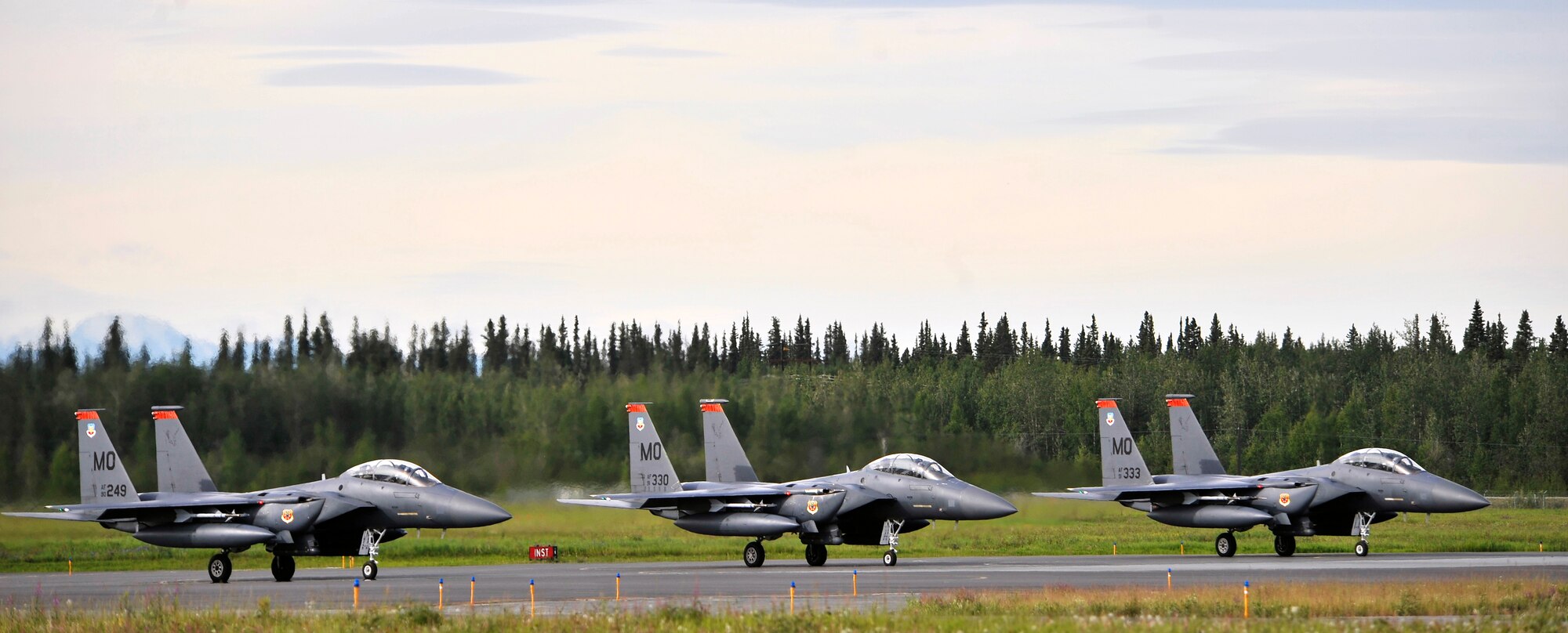 EIELSON AIR FORCE BASE, Alaska -- F-15 Strike Eagles prepare to launch during NORTHERN EDGE 2009, June 22. NE09 is an exercise designed to sharpen the U.S. Armed Forces' skills and develop interoperable plans and programs. The F-15's are assigned to the 391st Fighter Squadron, Mountain Home AFB, Idaho. (U.S. Air Force photo/Staff Sgt. Christopher Boitz)
