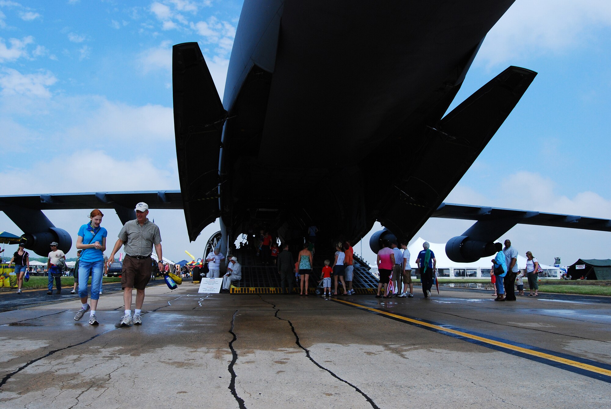 Spectators tour the C-5 Galaxy at the 2009 Dover Air Force Base Open House and Air Show June 20. The C-5 is one of several static displays, including a C-17 Globemaster III, KC-10 Extender and KC-135 Stratotanker. (U.S. Air Force photo/Staff Sgt. Steve Lewis)