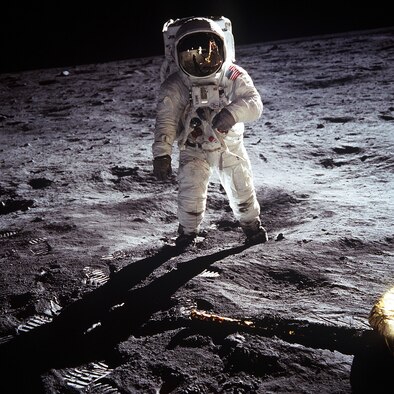 This NASA photo shows Astronaut Buzz Aldrin, lunar module pilot, walks on the surface of the Moon near the leg of the Lunar Module "Eagle" during the Apollo 11 exravehicular activity.