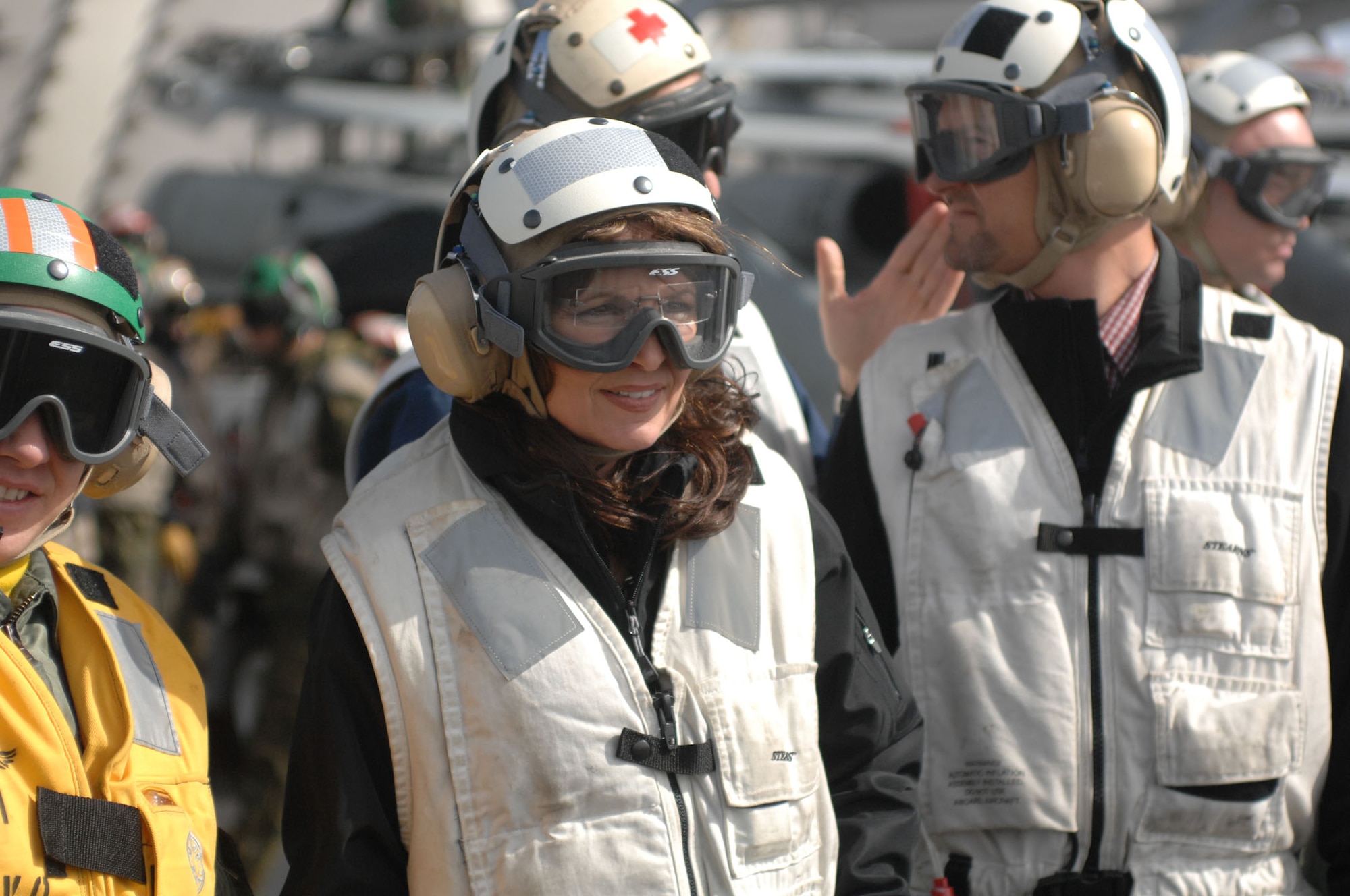 Alaskan Governor Sarah Palin watches flight operations off from the deck of the aircraft carrier USS John C. Stennis (CVN 74) on Monday during the military joint-training exercise Northern Edge 2009 (Photo by Army Sgt. Ricardo Branch, Northern Edge Joint Information Bureau).