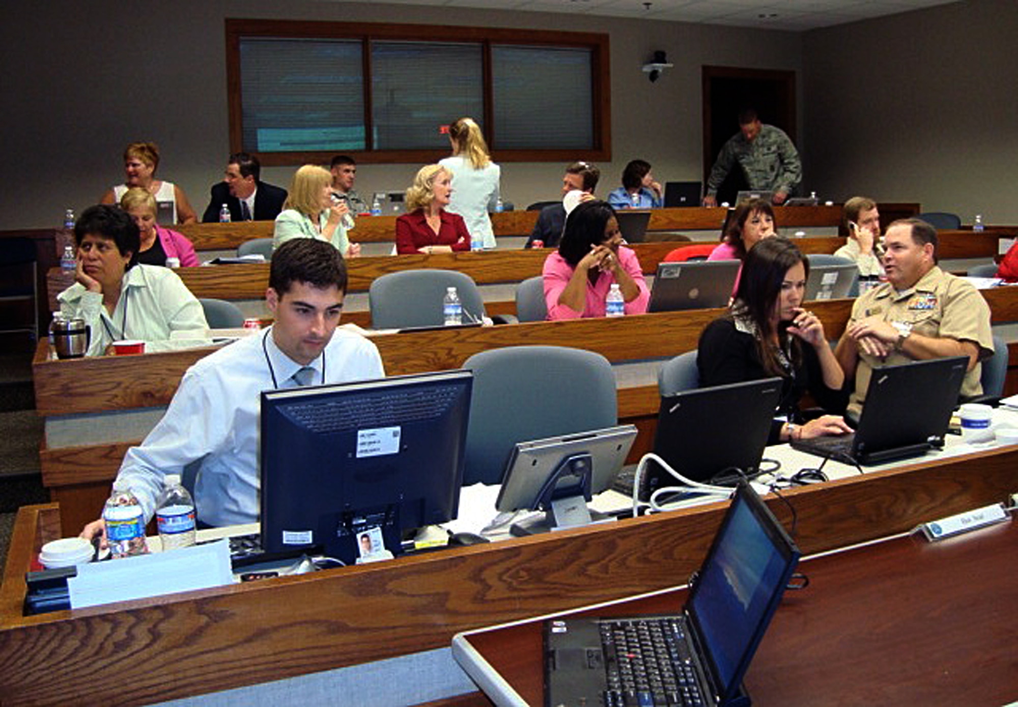 Joint basing staffers coordinate a break-out session during the memorandum of agreement (MOA) review workshop June 9-11 at Randolph Air Force Base, Texas. Air
Education and Training Command (AETC) hosted the workshop. (U.S. Air Force photo/Ron Rogers)
