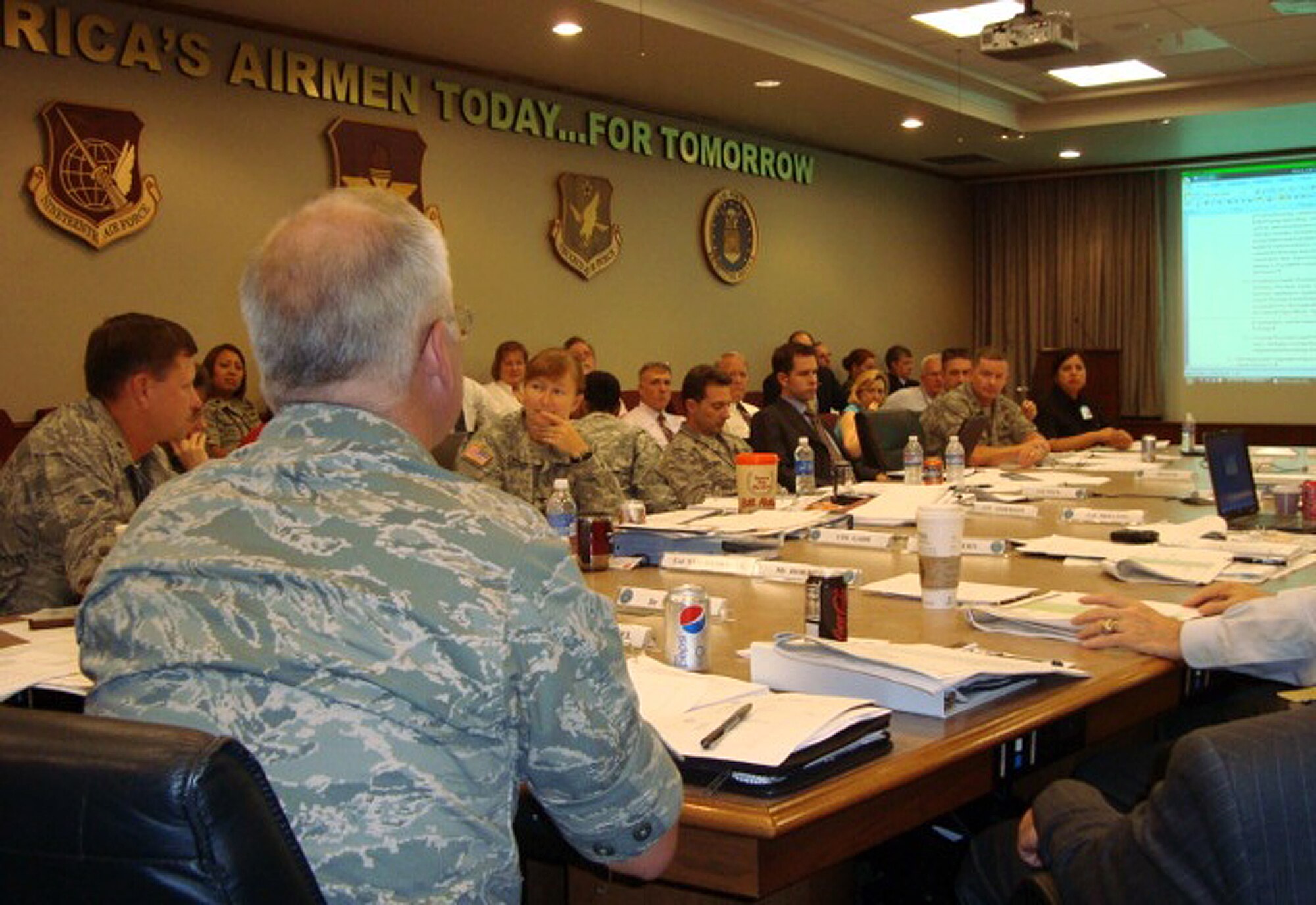 Maj. Gen. Erwin F. Lessel III, Director of Plans, Programs, Requirements and
Assessments at AETC/A5/8/9 listens as joint basing leaders work to solve problems during the memorandum of agreement (MOA) review workshop June 9-11 at Randolph Air Force Base, Texas. AETC hosted the workshop. (U.S. Air Force photo/Ron Rogers)
