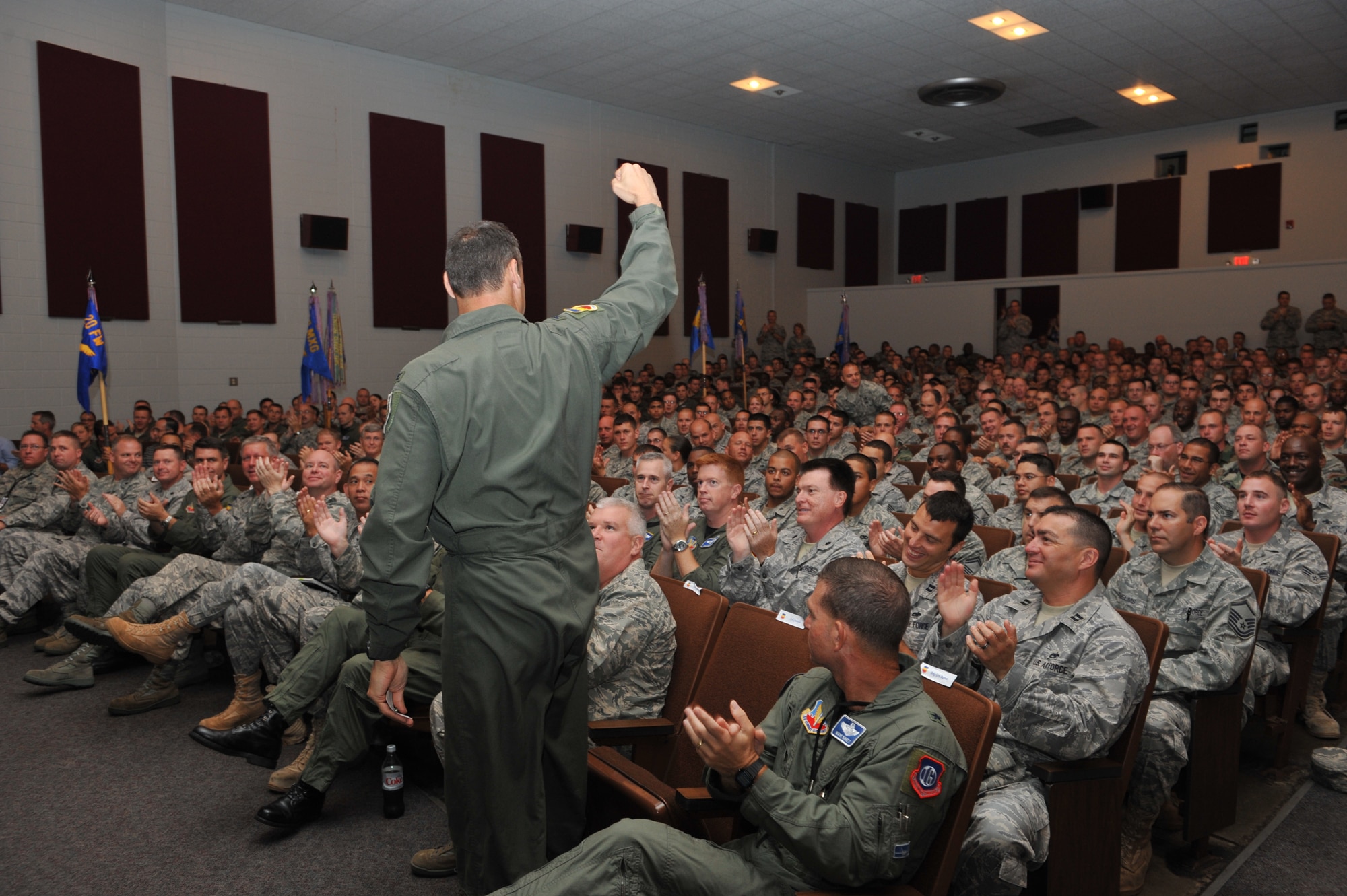 SHAW AIR FORCE BASE, S.C.--  Twentieth Figther Wing Commander, Colonel Joseph T. Guastella, Jr., reacts to the announcement that Shaw passed the operational readiness inspection June 20.  The inspection evaluated training and preparedness of Shaw Airmen for worldwide deployment. (U.S. Air Force Photo/Tech. Sgt. Josef Cole)