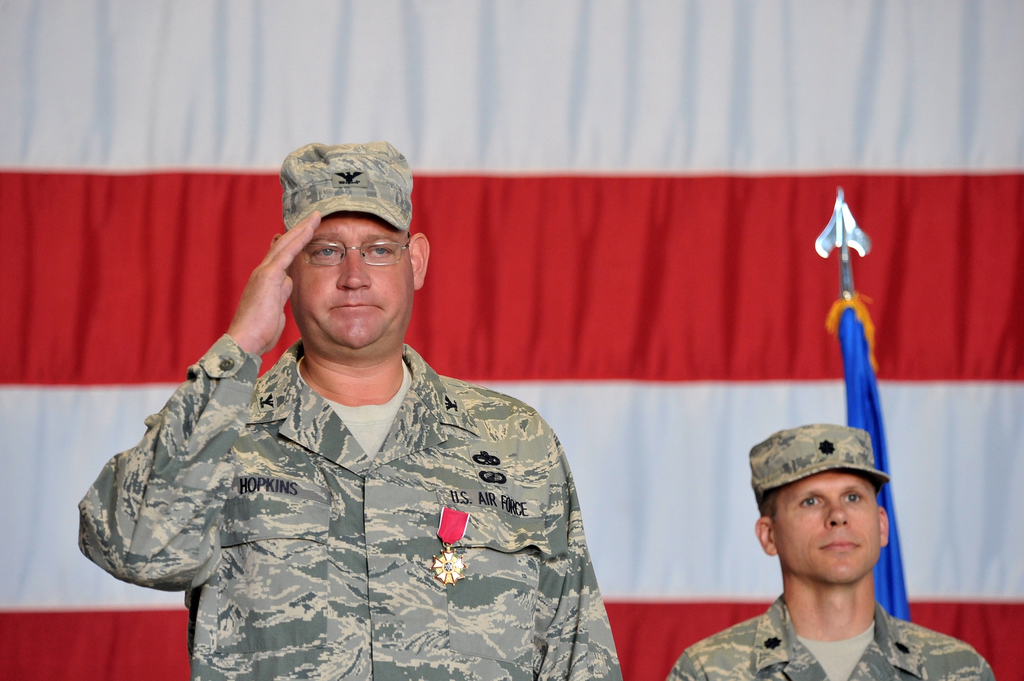 SHAW AIR FORCE BASE, S.C. -- Colonel Robert Hopkins, outgoing 20th Maintenance Group commander, gives his Airmen a final salute during a change of command ceremony, June 23. Colonel Hopkins will leave Shaw to take a command position in Afghanistan. (U.S. Air Force photo/Senior Airman Kathrine McDowell)
