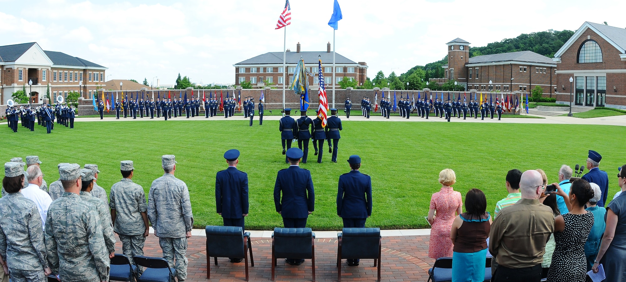 The colors are presented during a pass in review for the Air Force Honor Guard change-of-command ceremony June 23 on the U.S. Air Force Ceremonial Lawn, Bolling Air Force Base, D.C. These ceremonies represent the formal passing of responsibility, authority and accountability of command from one officer to another. (U.S. Air Force photo by Senior Airman Alex Montes)