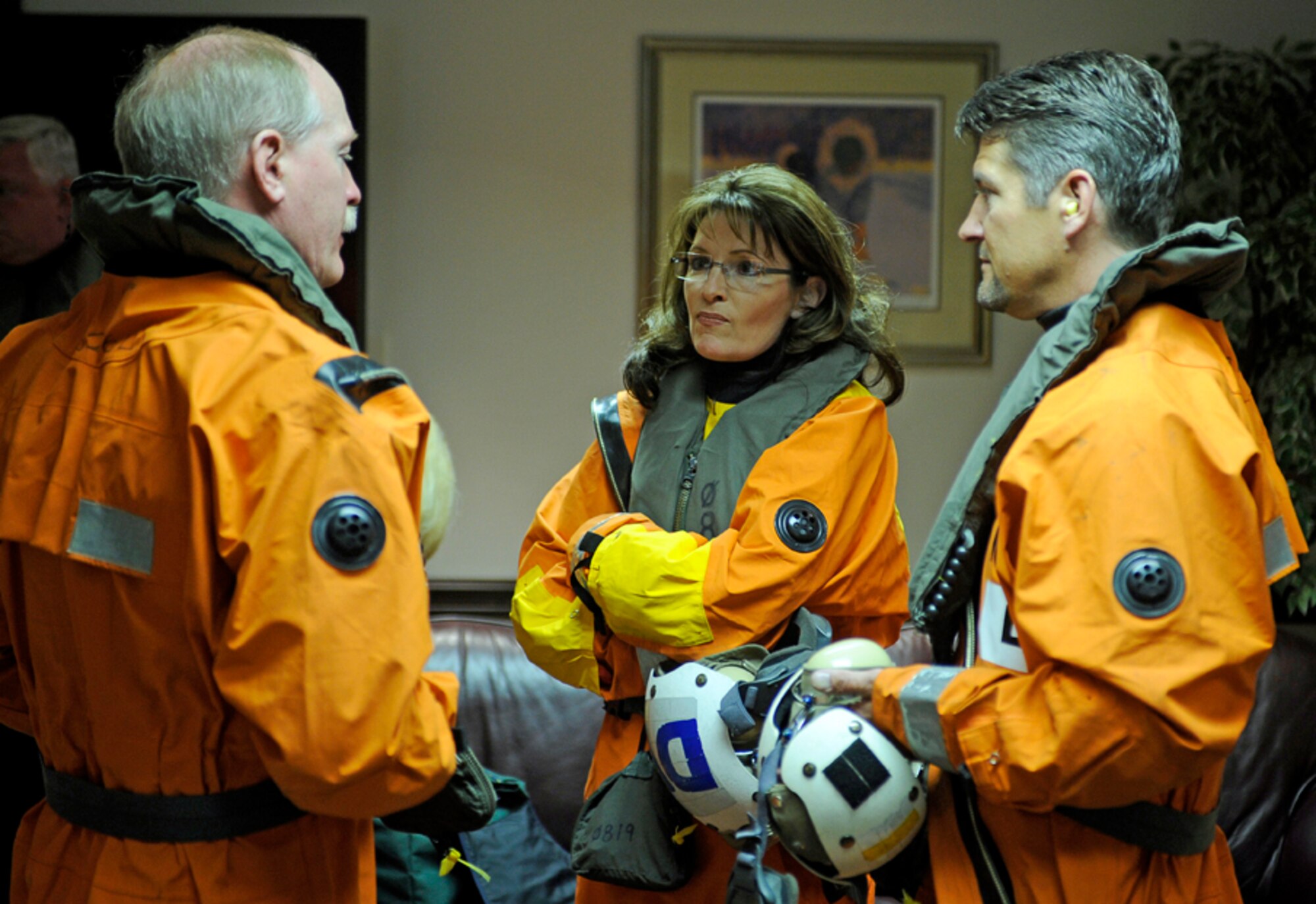 Alaska Governor Sarah Palin and her husband Todd meet with Rear Admiral Mark A. Vance, USS John C. Stennis (CVN 74) Strike Group Commander, before loading onto a C-2A Greyhound logistics aircraft  that will be taking them out to USS John C. Stennis (CVN 74) during exercise Northern Edge 2009, Elmendorf AFB, Alaska, June 18, 2009.  Northern Edge 2009 is Alaska's largest military training exercise.  It prepares joint forces to respond to crises throughout the Asia-Pacific region.  (Released/U.S. Air Force photo by TSgt Dennis J. Henry Jr.)