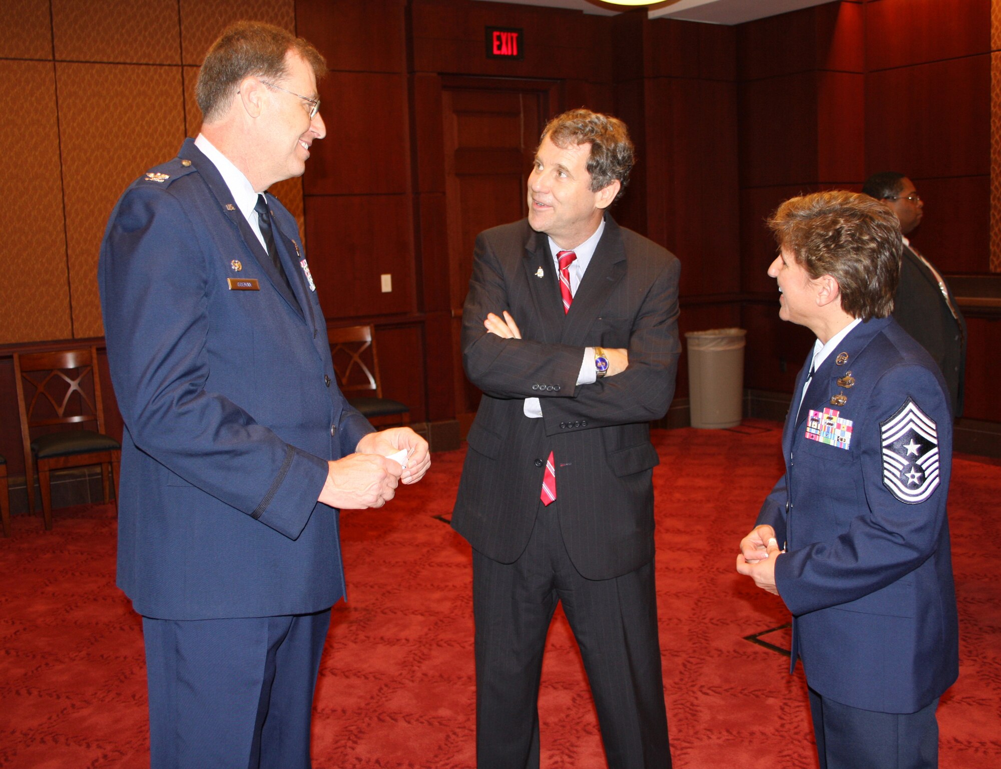 Col. Stephen D. Goeman, 445th Airlift Wing Commander, and Chief Master Sgt. Peri L. Rogowski, 445th Airlift Wing Command Chief, participate in the Ohio Constituent Coffer with Senator Sherrod Brown June 4th.  The senator invites Ohio Constituents visiting Washington, DC to his weekly constituent coffee. He and his staff hold these coffees in order to stay in touch with Ohioans and get feedback on how they are doing. Commanders meet annually with congressmen representing their areas as part of an Air Force Reserve program to increase their unit’s visibility with Members of Congress. (Air Force photo/Maj. Cynthia Harris)