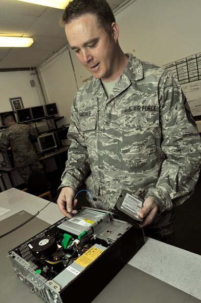 Master Sgt. Chris Gardner, a 302nd Communications Flight client systems administrator, maintains computer system hardware June 8 at Ramstein Air Base, Germany. The Air Force reservist, assigned to the Air Force Reserve's 302nd Communications Flight at Peterson Air Force Base, Colo., is one of 20 Airmen performing two weeks of annual tour duty in support of Ramstein's communication mission. Many active duty Airmen in the communications career field at the air base have been forward deployed to Iraq and Afghanistan in support Operations Iraqi and Enduring Freedom. (U.S. Air Force photo/Staff Sgt. Stephen J. Otero)