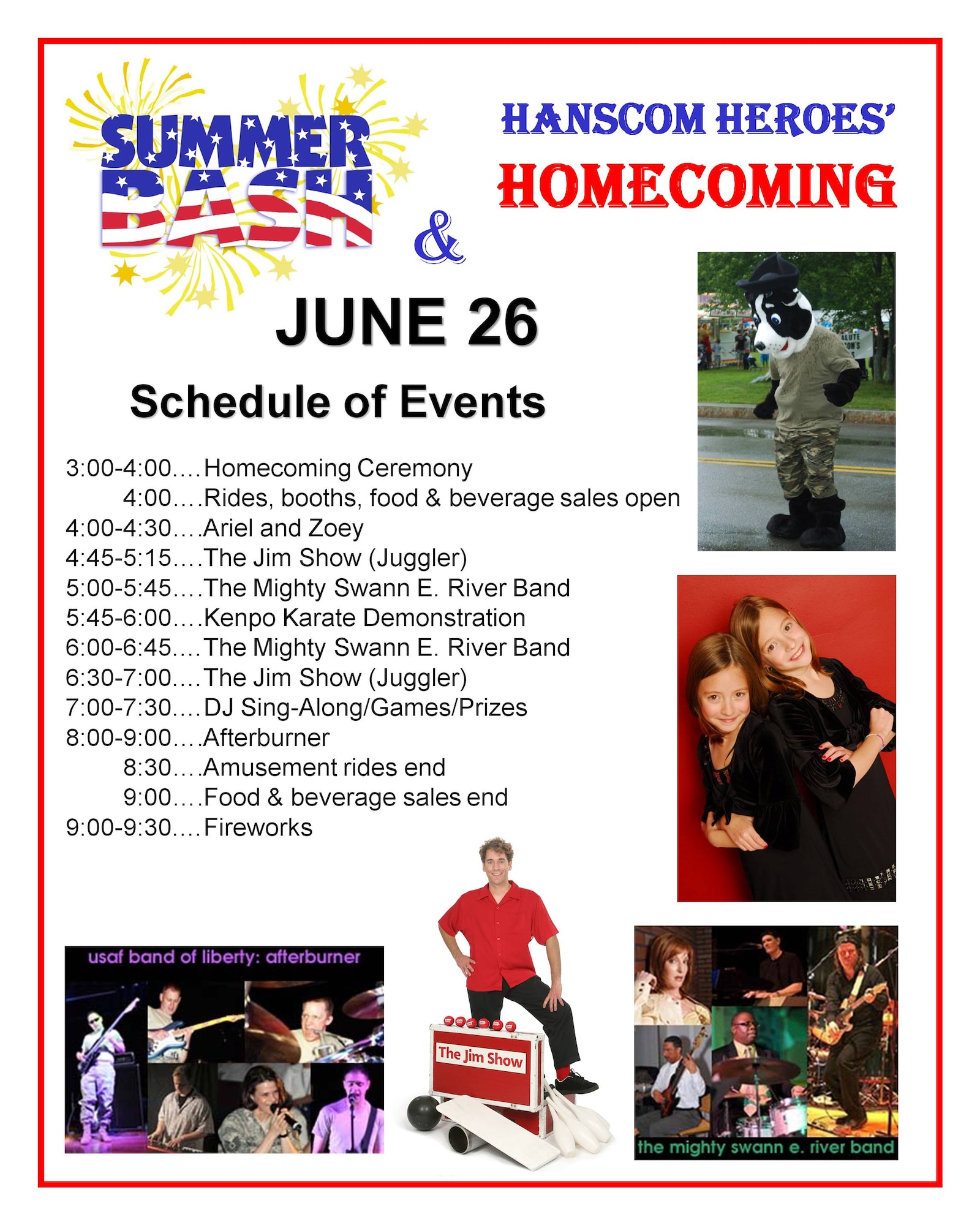 HANSCOM AIR FORCE BASE, Mass. - The Hanscom community is invited to attend the Hanscom Heroes' Homecoming ceremony at 2:30 p.m. on June 26, immediately followed by the base's annual Summer Bash celebration. Massachusetts Lt. Gov. Tim Murray is scheduled to participate along with local sports celebrities.