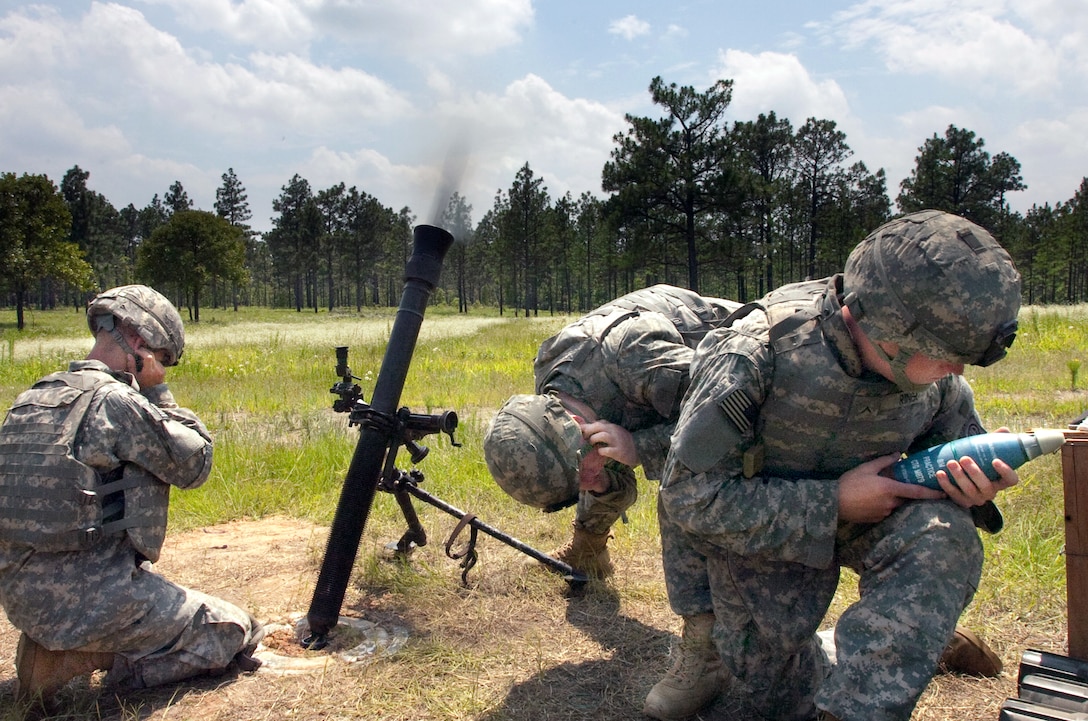 A mortar crew operates a 81mm mortar for the brigade’s Walk and Shoot. The live-fire exercise was held on Fort Bragg, N.C., June 9 thru 11, 2009. The soldiers are assigned to the 82nd Airborne Division's Headquarters and Headquarters Company, 2nd Battalion, 504th Parachute Infantry Regiment, 1st Brigade Combat Team.