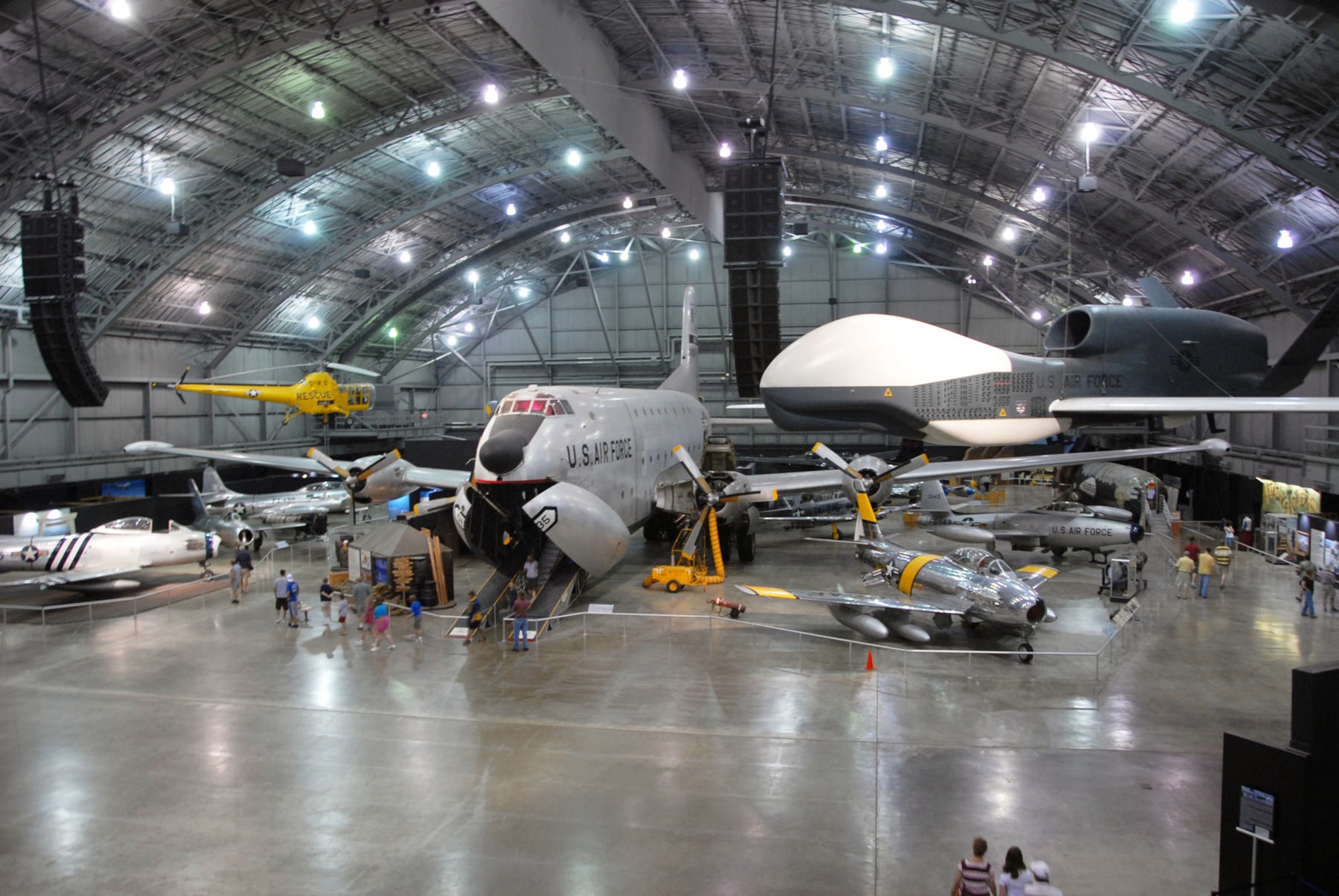 DAYTON, Ohio -- (From left) Douglas C-124C Globemaster, North American RF-86F and Northrop Grumman RQ-4 Global Hawk at the National Museum of the U.S. Air Force. (U.S. Air Force photo)