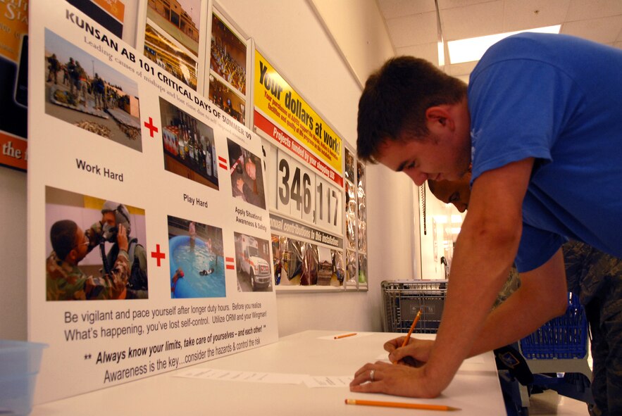 Staff Sgt. Robert Sovern, 8th Aircraft Maintenance Squadron, fills out a safety survey at the Base Exchange, June 19, at Kunsan Air Base, Republic of Korea. As part of the 101 Critical Days of Summer Campaign, the 8th Fighter Wing safety office features a booth at the BX every friday with that week's safety topic. (U.S. Air Force Photo by Staff Sgt. Patrice Clarke)