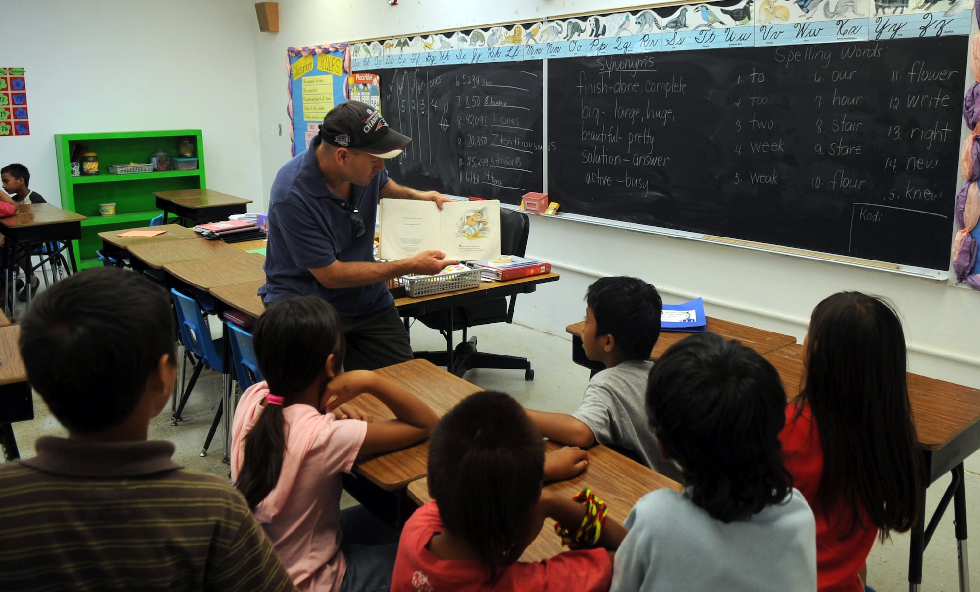 Senior Master Sgt. Peter Allan, 525th Expeditionary Aircraft Maintenance Unit superintendent, reads to third and fourth graders at Machananao Elementary School.  The North Conway, N.H., native is deployed to Andersen Air Force Base from Elmendorf AFB, Alaska, to support U.S. Pacific Command's Continuous Bomber Presence in the Asia-Pacific Region. (U.S. Air Force photo/Senior Airman Christopher Bush)
