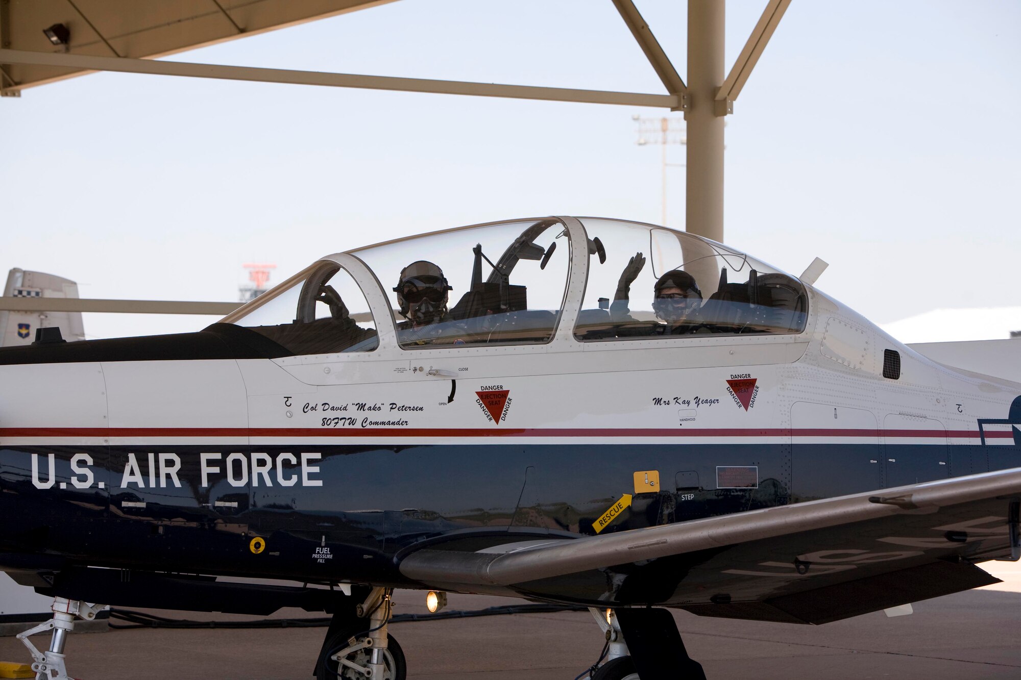 Col. David Petersen (front seat), 80th Flying Training Wing commander, and former Wichita Falls Mayor Kay Yeager taxi down the parking ramp June 24 prior to their T-6A Texan II flight. Sheppard hosted Mrs. Yeager to a public affairs flight due to her continued support of the base. Mrs. Yeager is also a member of the Chief of Staff of the Air Force Civic Commander's group. (U.S. Air Force photo/Lt. Col. Ternell Washington)