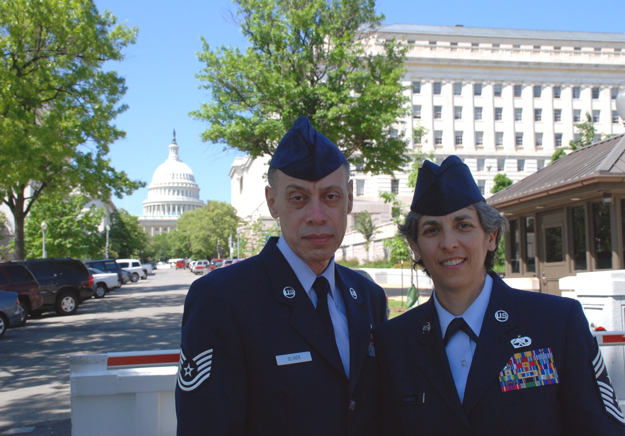 Tech. Sgt. Dan Oliver and Command Chief Master Sgt. Sandra Santos visited Washington D.C. as part of the 932nd Airlift Wing's congressional outreach to elected representatives from Illinois and Missouri, where most wing Airmen live.  The wing has Air Force Reservists from 33 different states.  (U.S. Air Force photo/Maj. Stan Paregien)