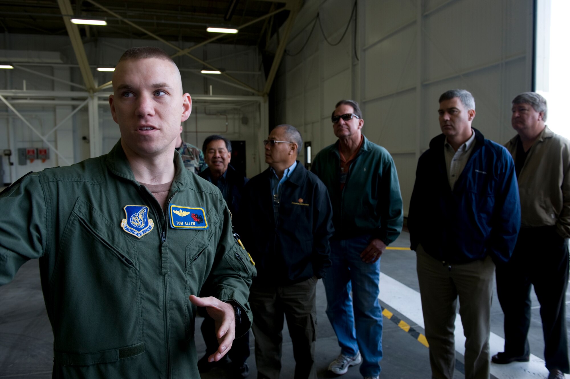 ELMENDORF AIR FORCE BASE, Alaska -- Maj. Thomas Allen briefs civic leaders participating in the community relations tour June 23. Allen is a member of the 19th Fighter Squadron. (U.S. Air Force photo/Master Sgt. Keith Brown)