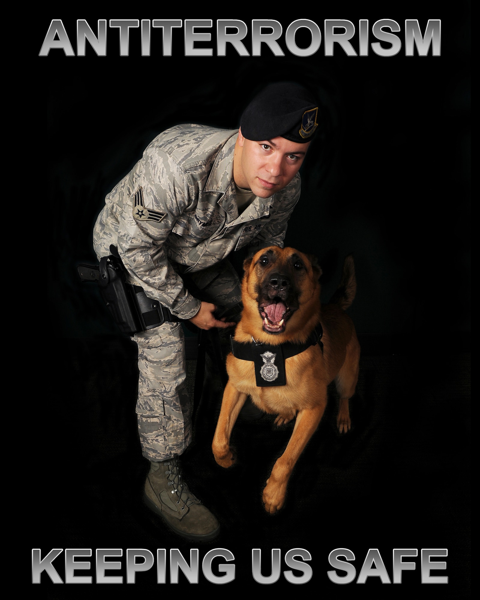Senior Airman William Grymes, 11th Security Forces Squadron K-9, and his military working dog Rocky, are trained to respond to acts of terrorism in the National Capitol Region defending military members and their families. Part of the offensive strategy for the antiterrorism program is a show of force. The 11th SFS takes bomb-sniffing dogs on random building checks. See accompanying feature article on Mr. Thomas Versichelli, Bolling’s antiterrorism officer, whose responsibility includes making plans that defend the base from terrorists. (U.S. Air Force illustration by Staff Sgt. Edward Carr and Senior Airman Marleah Miller) 